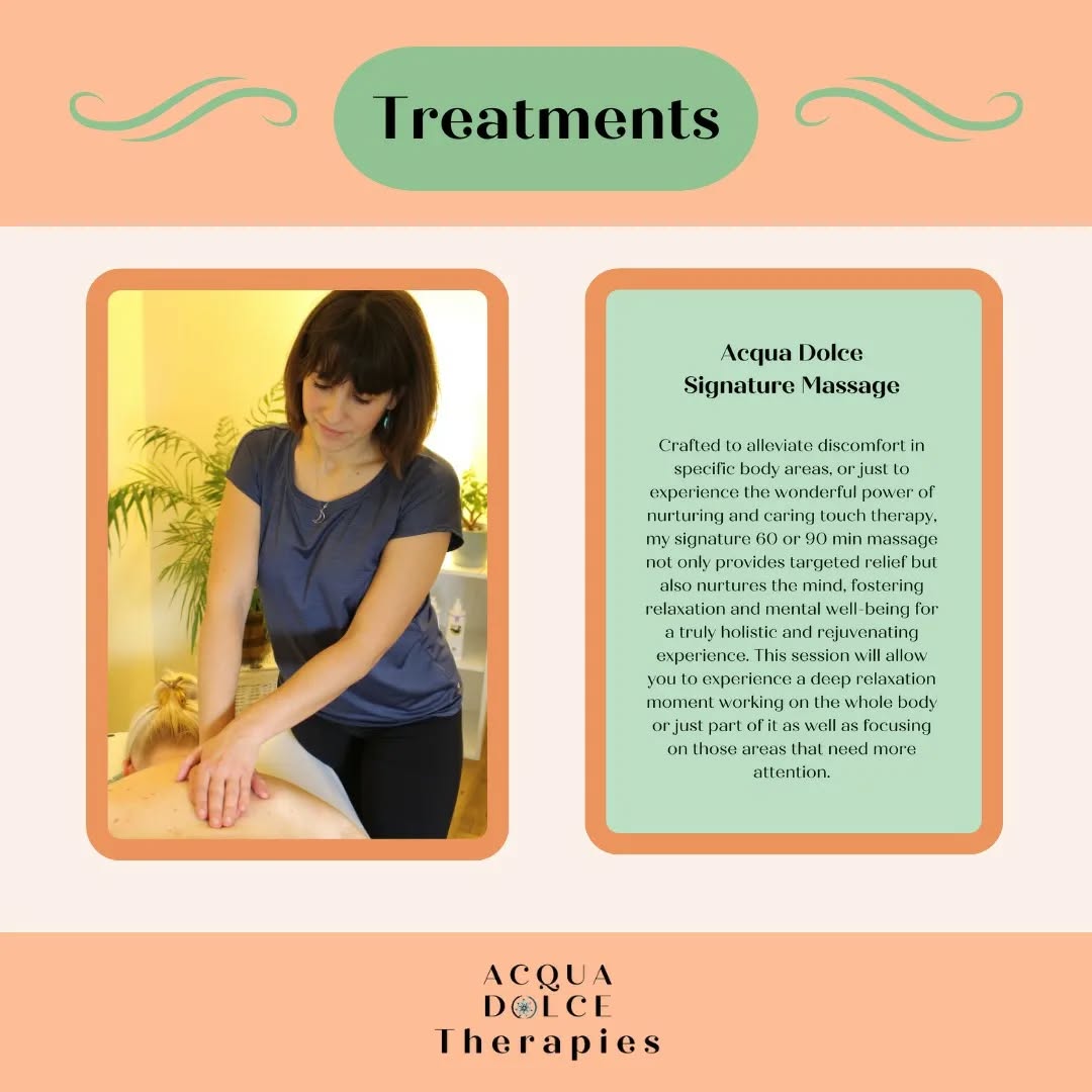 ✳ Treatments ✳
Happy Monday everybody!
Hope you had a lovely and relaxing weekend 😊
I just thought I leave you here the list of holistic massage treatments I offer at the moment:
🌿 Acqua Dolce Signature Massage
🌿Upper Body Harmony Escape
🌿 Prenatal Massage
🌿On-site Chair Massage
All of them are crafted to alleviate the most common discomfort we experience in our bodies (back and shoulders especially) due to stress, overwhelming feelings, worrings, busy lifestyles.
Who needs a massage to kick-start the new week??
Bookings via the link in bio
Looking forward to see you 💚
Martina xxx
.
.
.
.
#acquadolcemassage #acquadolcemassagehereford #acquadolcehereford #acquadolcetherapies #hereford #herefordshire #herefordthingstodo #herefordholistic #herefordholisticmassage #holisticway #holisticapproach #holisticmassage #holisticmassagetherapist #holisticmassage #holisticmassagehereford