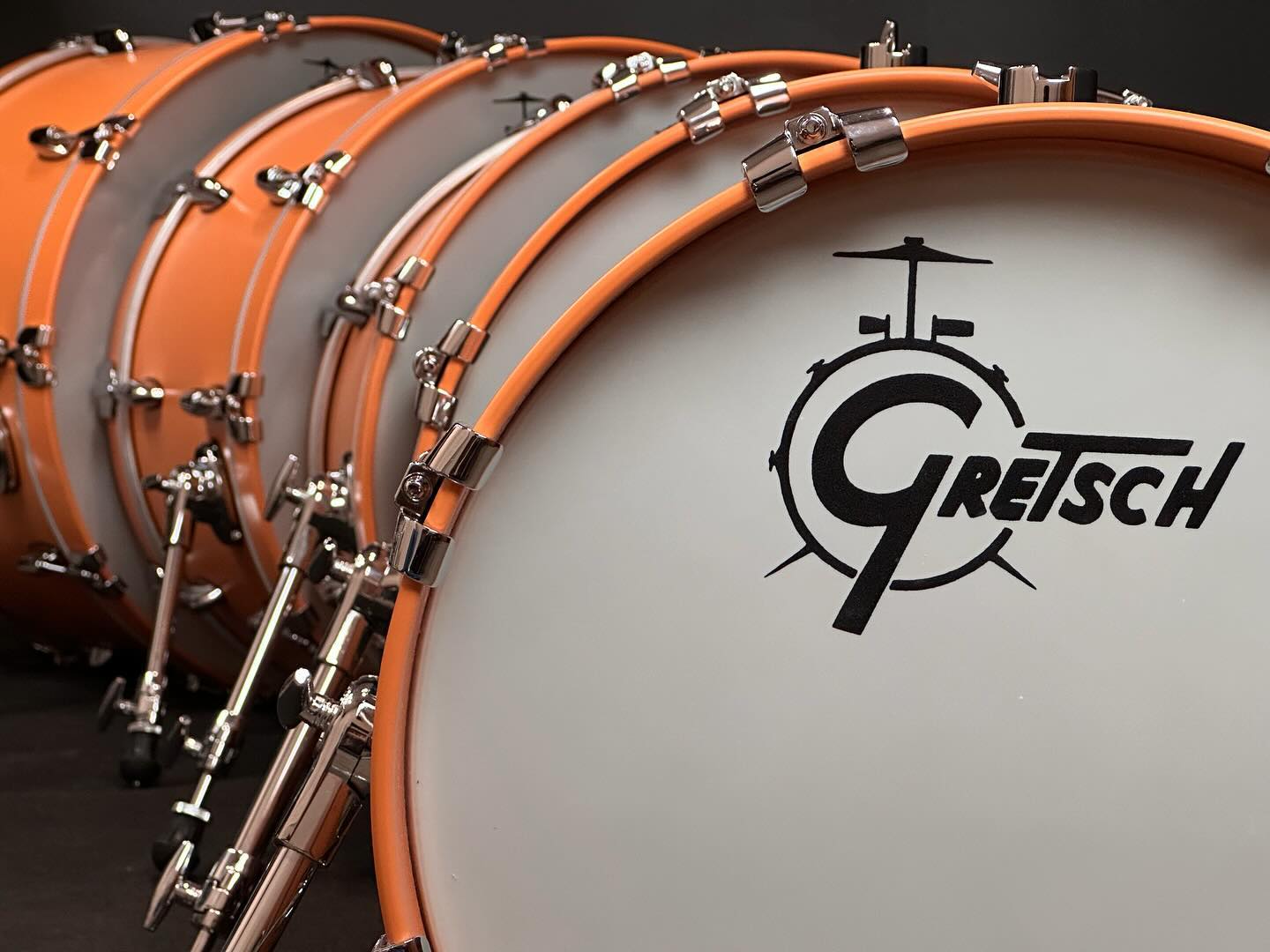 The gang’s all here! Gretsch Brooklyn drums in our exclusive Cameo Coral satin lacquer - 16”, 18”, 20”, 22”, and 24” bass drums, all with 14” depth. Each of these are listed on Reverb with their full outfits. We’ve also received our first USA in Cameo Coral! If we don’t have your specs, we’re happy to special order them for you. #gretsch #brooklyn #drums #cameocoral #dreamcicle #freshlycaughtalaskansalmon