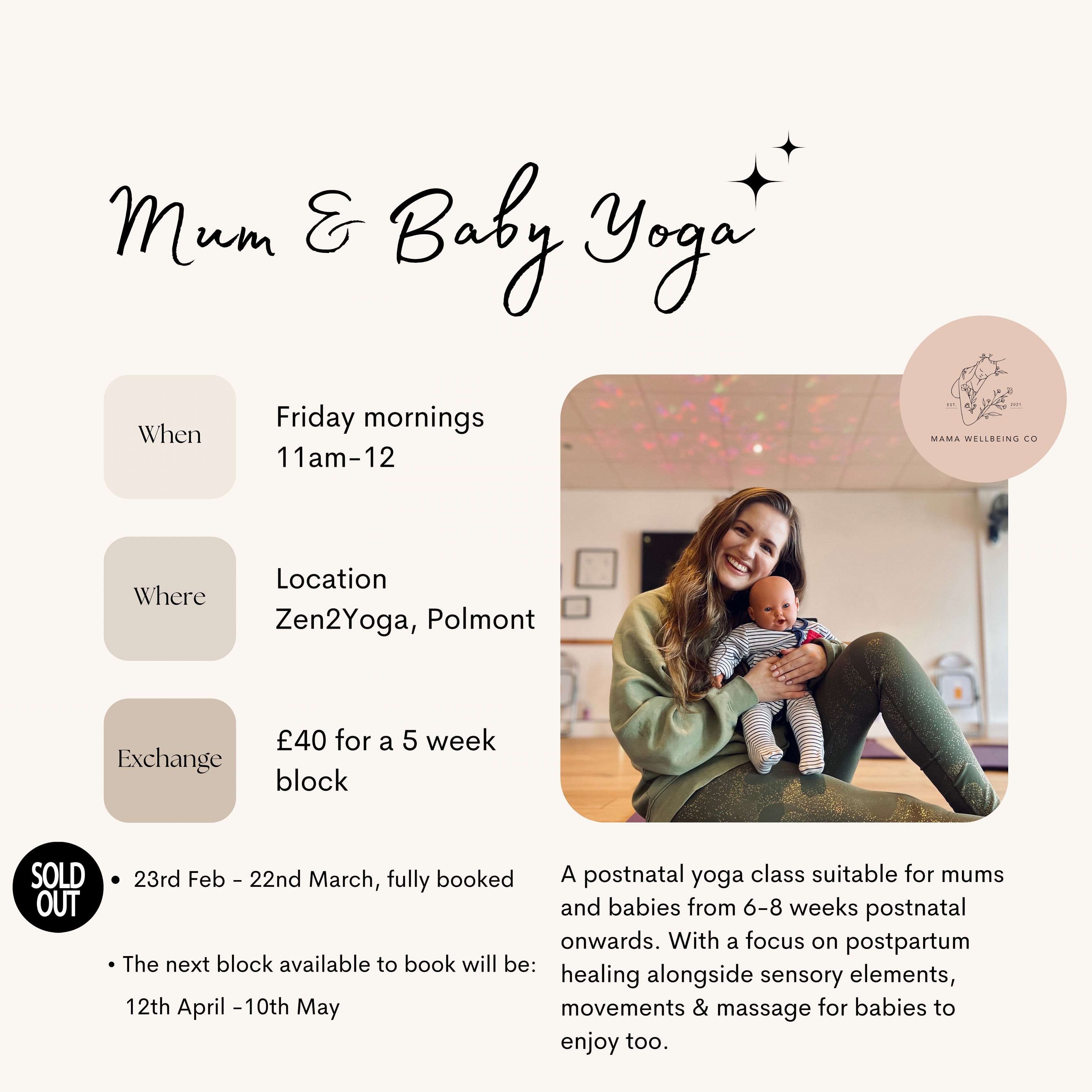Looking forward to hosting the new mum & baby yoga block starting tomorrow.
Another fully booked block from tomorrow - 22nd March - thank you so much. I so enjoy these classes and hope you do too.
It’s a lovely wee community.
I’m having a little break in between this block and the next.
So the next dates to join this class after this will be 12th April - 10th May, if you’d like to join a future block send me a message & I’ll update you when bookings go live.
Gilly x