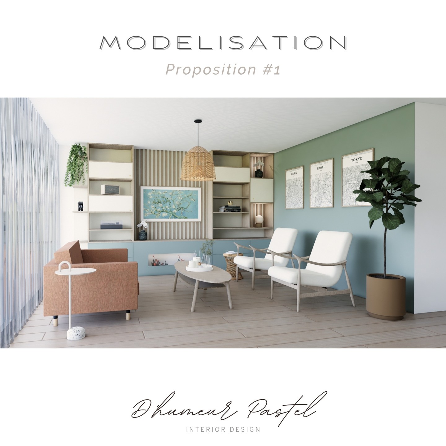 ⠀
⠀
Projet C.C⠀
⠀
Zoom sur la paroi murale du salon.⠀
⠀
Je vous montre 2 des propositions faites à ma cliente. ⠀
La couleur verte est importante pour elle ainsi que le canapé brun, à gauche sur la photo, de chez @ikeaschweiz je suis donc partie sur cette base dans ma conception.⠀
⠀
Proposition 1 :⠀
Davantage de rangements, des tasseaux de bois, des couleurs dans les tons beige et vert.⠀
⠀
Proposition 2 :⠀
2 niches de formes arrondies avec en fond un papier peint de chez @lesdominotiers, puis des tablettes imitation marbre, les meubles dans les tons verts.⠀
⠀
Une préférence ?⠀
⠀
#green #nature #paroimurale #pastel