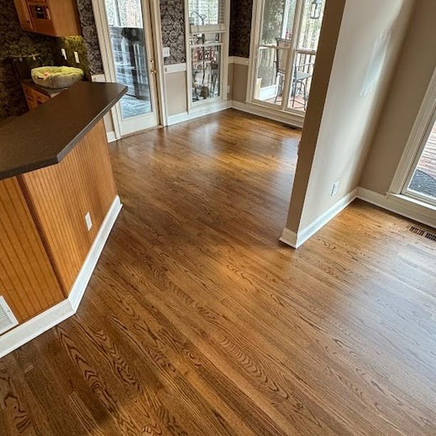Provincial Stain over Red Oak. Finished with Our Upgraded Oil Based Polyurethane. Look at that Depth. Made New Again by The Hardwood Guys