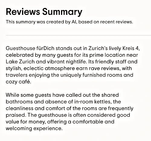 Tripadvisor's AI has written a summarized rating based on all reviews. We don't want to withhold this from you.
Guesthouse fürDich - Always a good choice!