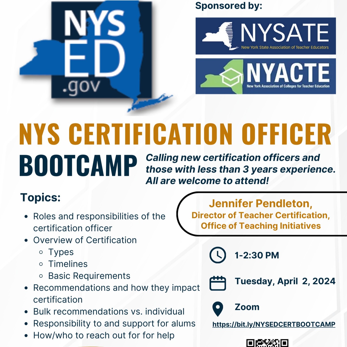 NYS CERTIFICATION BOOTCAMP
Tuesday, April 2, 2024
1-2:30 PM EST
Zoom
Registration is open at
https://bit.ly/NYSEDCERTBOOTCAMP