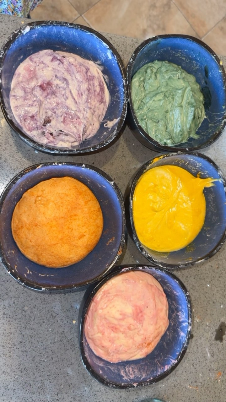 Although the bread was cute, it was not at all what I intended!
Let’s get into it…
I had a vision of a super vibrant tie dye bread and wanted to do that naturally. I went for it and had so much fun creating this with @crunchywithakay!
Here’s what I used in case you’re curious
💕Beet juice for pink
🧡Paprika for orange
💛Turmeric for yellow
💚Spiralina for green
💙💜Blueberries for blue/purple
It didn’t turn out exactly how I thought, the yellow and green were the strongest and overpowered the rest. AND I had so much fun and the bread was still really tasty!
To make sourdough fun and enjoy gut healthy treats, following along!
#sourdough #tiedye #allnatural #naturalfood #naturalfoodcoloring #fail #trialanderror