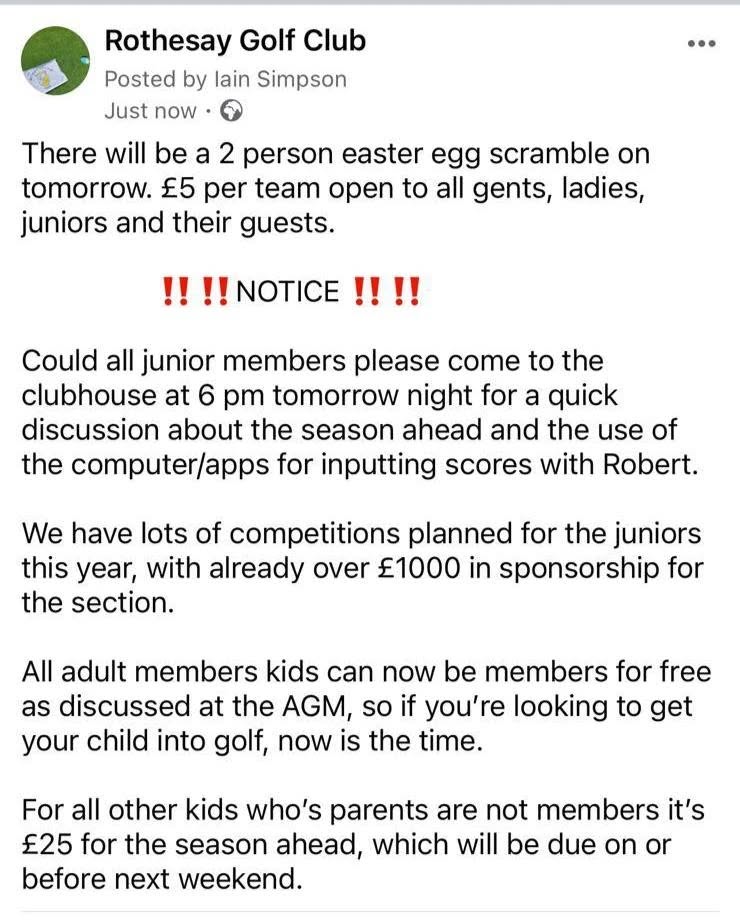 **** Easter Scramble Good Friday**** notice for all current and future junior members
