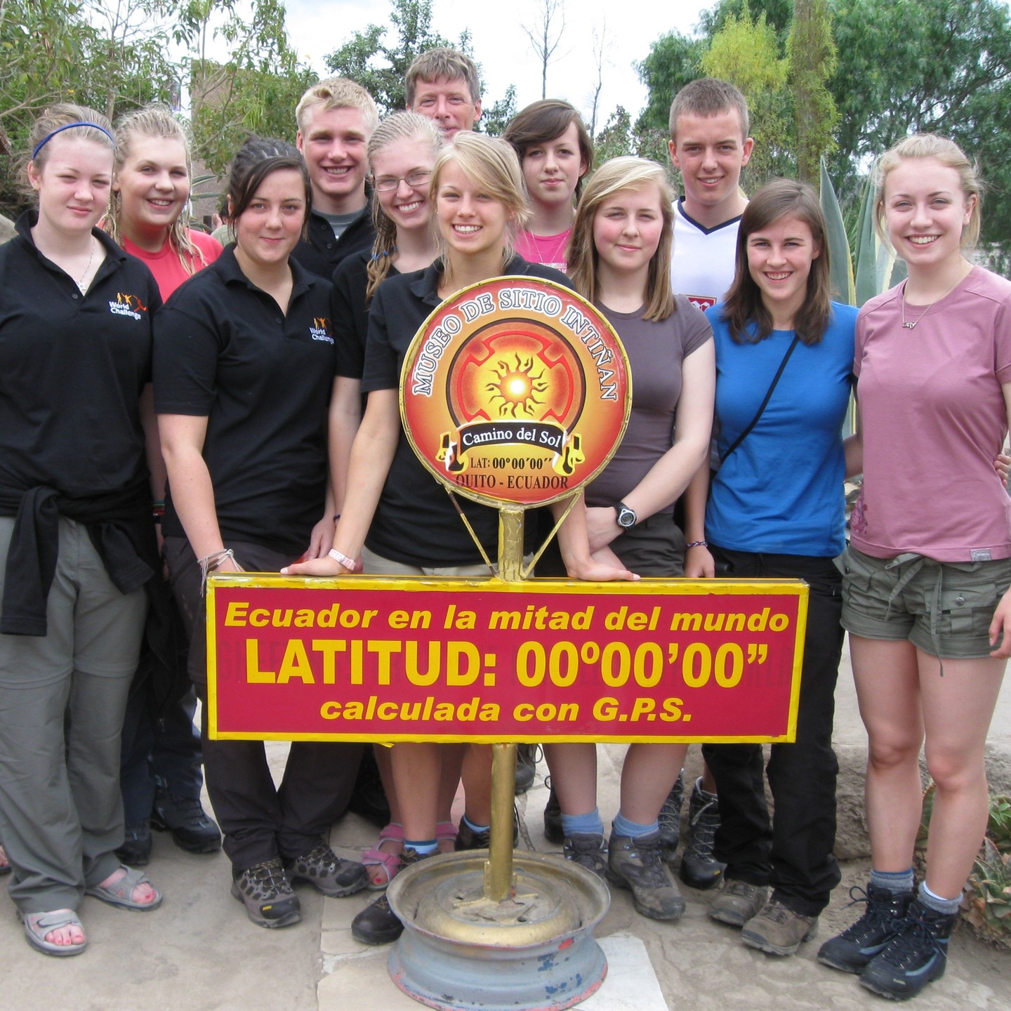 The team standing on the equator in Ecuador