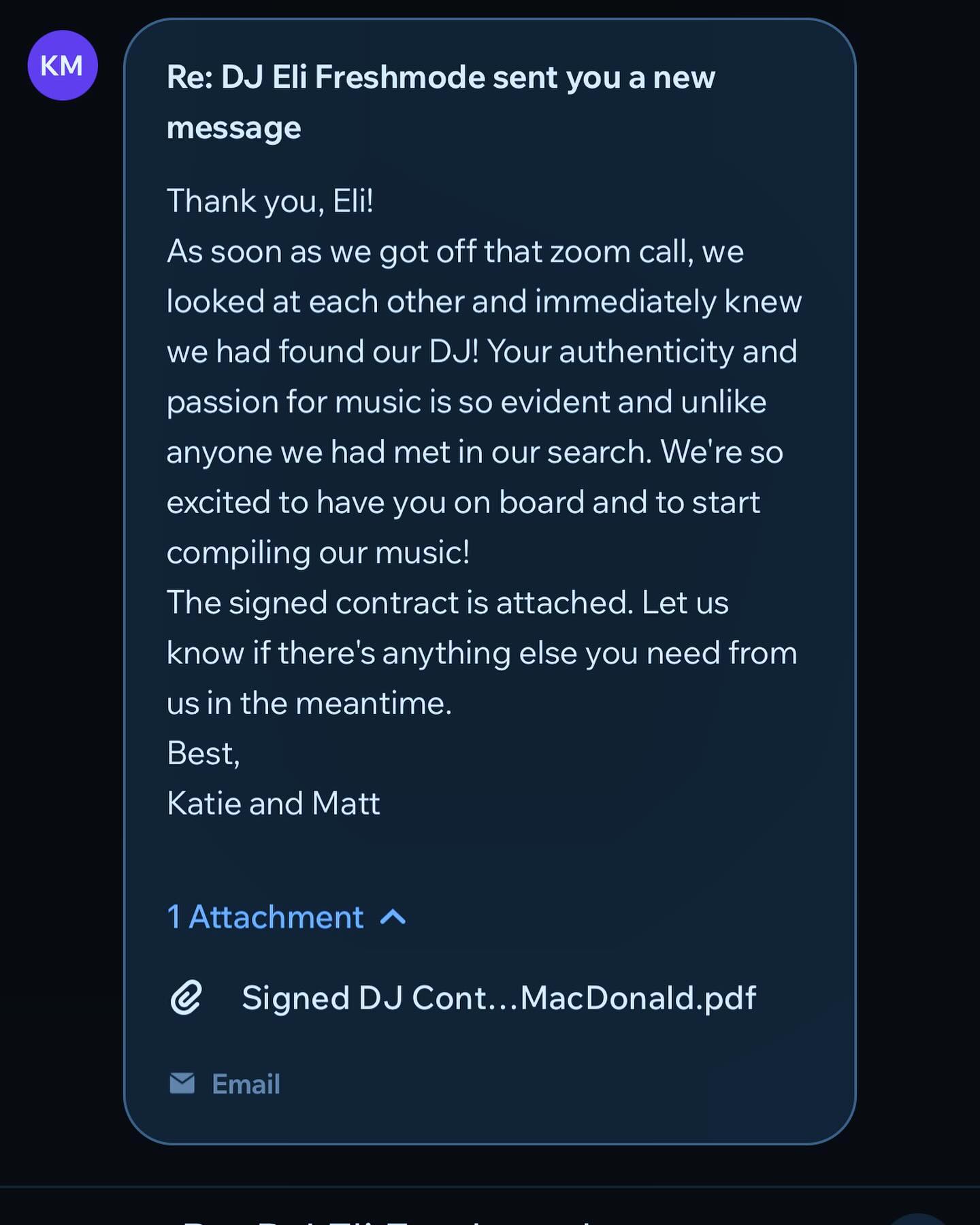 I love this message I received from a client this morning! So thankful to do what I do for a living, still can’t wrap my head around the fact I get to soundtrack folks best-day-ever all the time. 🥹🥹🥹