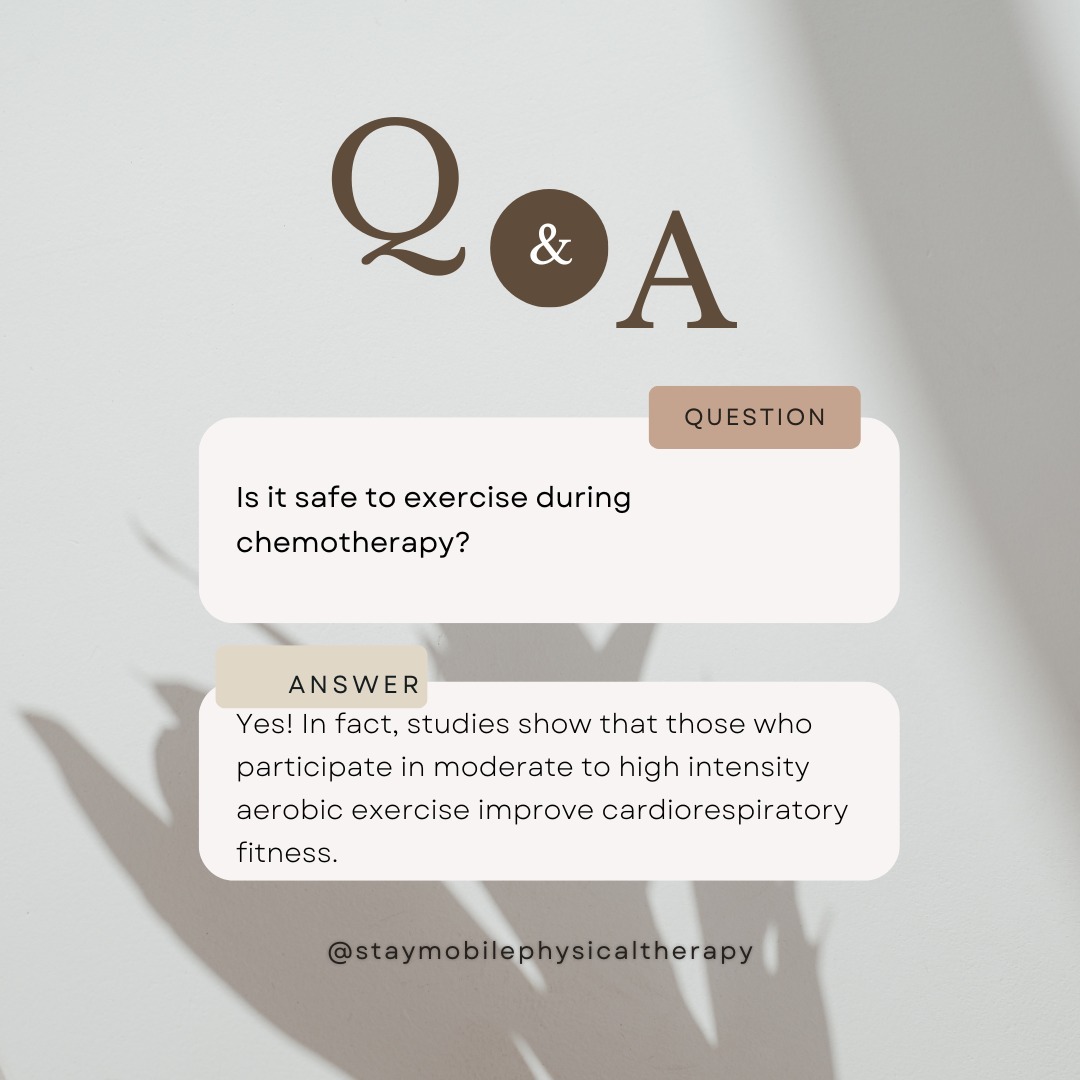 Studies show that those undergoing chemotherapy can anticipate a 30% decline of cardiorespiratory fitness.
If medically stable, it's important to participate in moderate to high intensity aerobic exercise while undergoing treatment.
The words moderate to high intensity can sound really daunting, so it's important to work with a clinician who can guide you to the proper exercise and stimulus that works for you.
Contact us today if you need guidance with your oncology rehab
#manchesternh #oncologyrehab #lymphedema #physicaltherapy