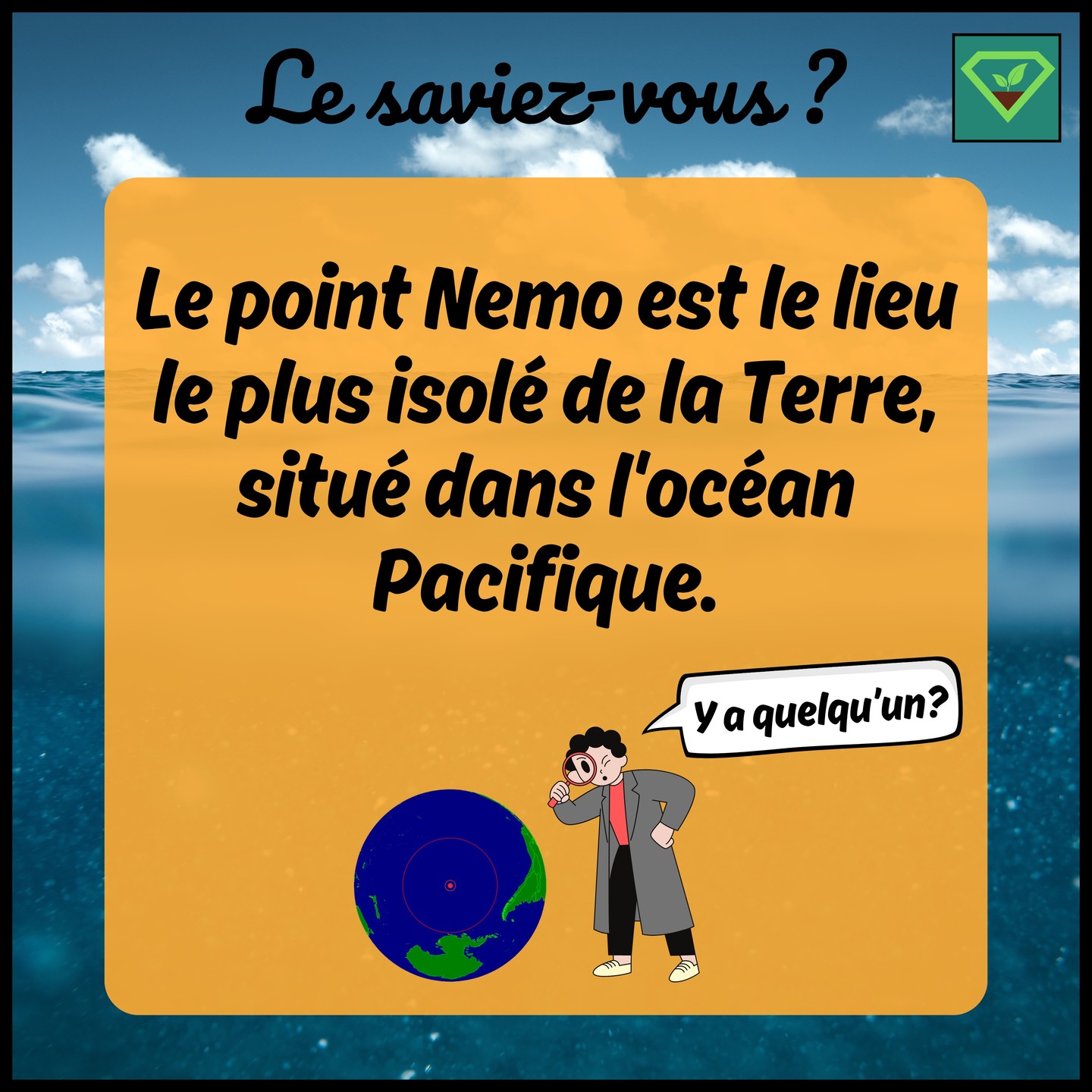 🌊✳️ Le point Nemo est le point océanique le plus éloigné de toute terre émergée, ce qui en fait une des régions les plus isolées et inexplorées sur Terre.
👉🧭 Il se trouve aux coordonnées 48°52.6′S 123°23.6′W. La distance jusqu'à la terre ferme la plus proche est d'environ 2 688 kilomètres.
🚀 En raison de son éloignement extrême, le point Nemo est également utilisé comme "cimetière spatial" où les agences spatiales font désemparer en toute sécurité les satellites hors d'usage et les stations spatiales, minimisant ainsi le risque pour les zones habitées ou les navires en mer.
#savoir#histoire#insolite#lesaviezvous#greenisyou#funfact#info#culturegenerale#pointnemo#isole#oceanpacifique