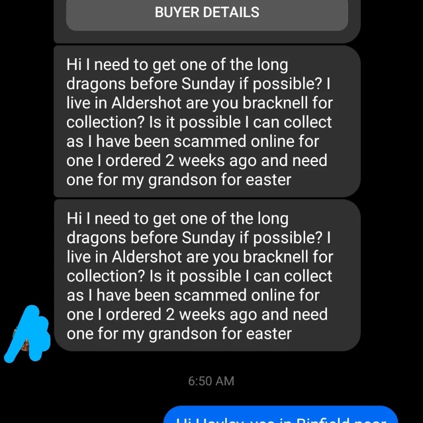 So, yesterday I got this message from a lady who had been let down by another seller (scammed). The next day her husband popped around and picked up 2 Dragons from us. It was nice to be able to help. Posting this as a cautionary tale to others. 3d Printing takes time (20+hours for big ones) and skill (it's frustrating If the print fails half way through, but it happens). The dragons are unique. If you're tempted to find 'the cheapest' one you can find...then be prepared. #dragons #3dprinting #articulateddragons