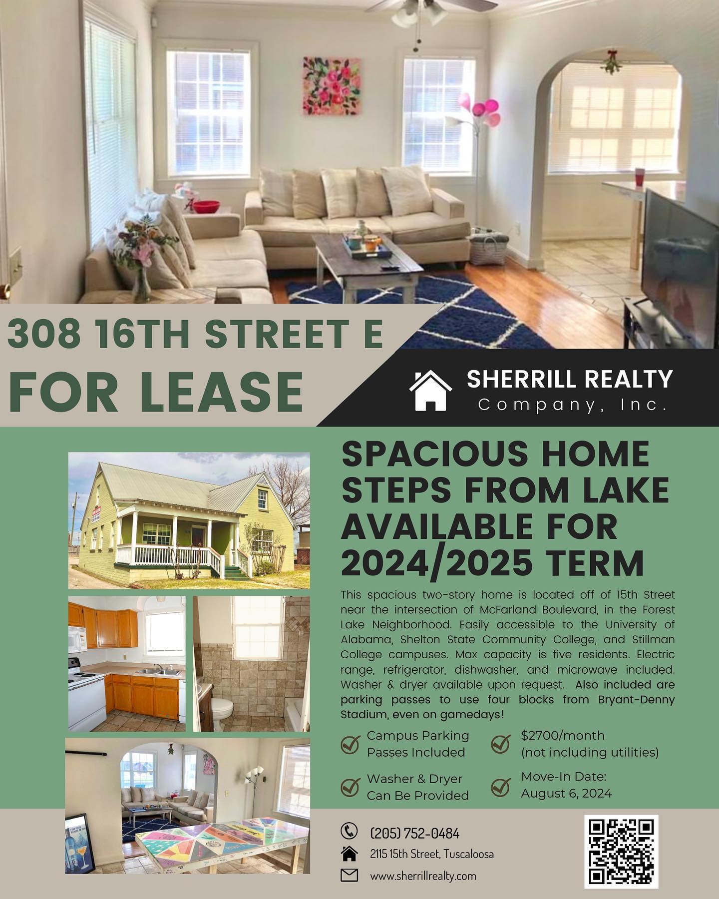 ‼️ HOUSE AVAILABLE FOR 24/25 TERM
🏡 308 16th Street East
💰 $2400/monthly (total rent, not including utilities)
🛌 Max Capacity: Five residents
🚗 CAMPUS PARKING PASS INCLUDED
👖 WASHER AND DRYER INCLUDED
🗓 Lease Term: August 6, 2024 until July 27, 2025
Currently available for the 2024/2025 Lease Term. Two story home with five full bedrooms, each with its own closet space and ceiling fan. Have less than five people? This home could easily accommodate three or four roommates, while using the bonus rooms as closets, office space, guest rooms, etc. Each floor has its own bathroom. There’s also an extra room upstairs to use as storage. It has a great layout for entertaining, including a large living room and den/dining room. Original hardwood floors in the living area, stairs, and upstairs rooms, with ceramic tile in the dining room and kitchen and carpet in the downstairs bedrooms.
Conveniently located within walking distance to Midtown Village, University Mall, Shoppes at Legacy Park, and Snow Hinton Park. Within one mile of University of Alabama campus, DCH Hospital, VA Hospital, Bowers Park, and Interstate 20/59 Access. Only a few streets away from the new 2nd Avenue Bridge, which allows commuters to bypass the railroad tracks to get onto campus. Easily accessible to UA Law School and Nursing School.
Home comes equipped with electric range, refrigerator, dishwasher, microwave, has connections for a washer/dryer that can be provided by Lessor upon request, and has a large private parking pad out back. We also offer parking decals to tenants to park at one of our closer to campus properties only four blocks from Bryant-Denny Stadium! The parking passes can be used to park for class or gamedays in a prime spot near the University of Alabama campus!
Contact Sherrill Realty Company with any additional questions you may have or to schedule a tour!
☎️(205) 752-0484☎️
#tuscaloosa #homes #forrent #forlease #alabama #bama #builtbybama #ttown #championshipschool #rolltide #rtr #universityofalabama #uofa #uahousing