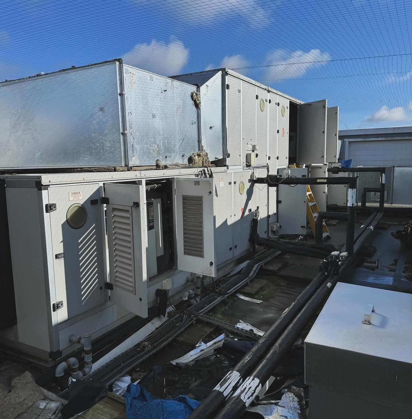 We were called out to this large AHU this week to investigate a burning smell. Found the split block bearings to be the cause. 1no. bearing had a cracked outer ring and another has ran dry causing it to shatter and create friction on the belt & pulleys.