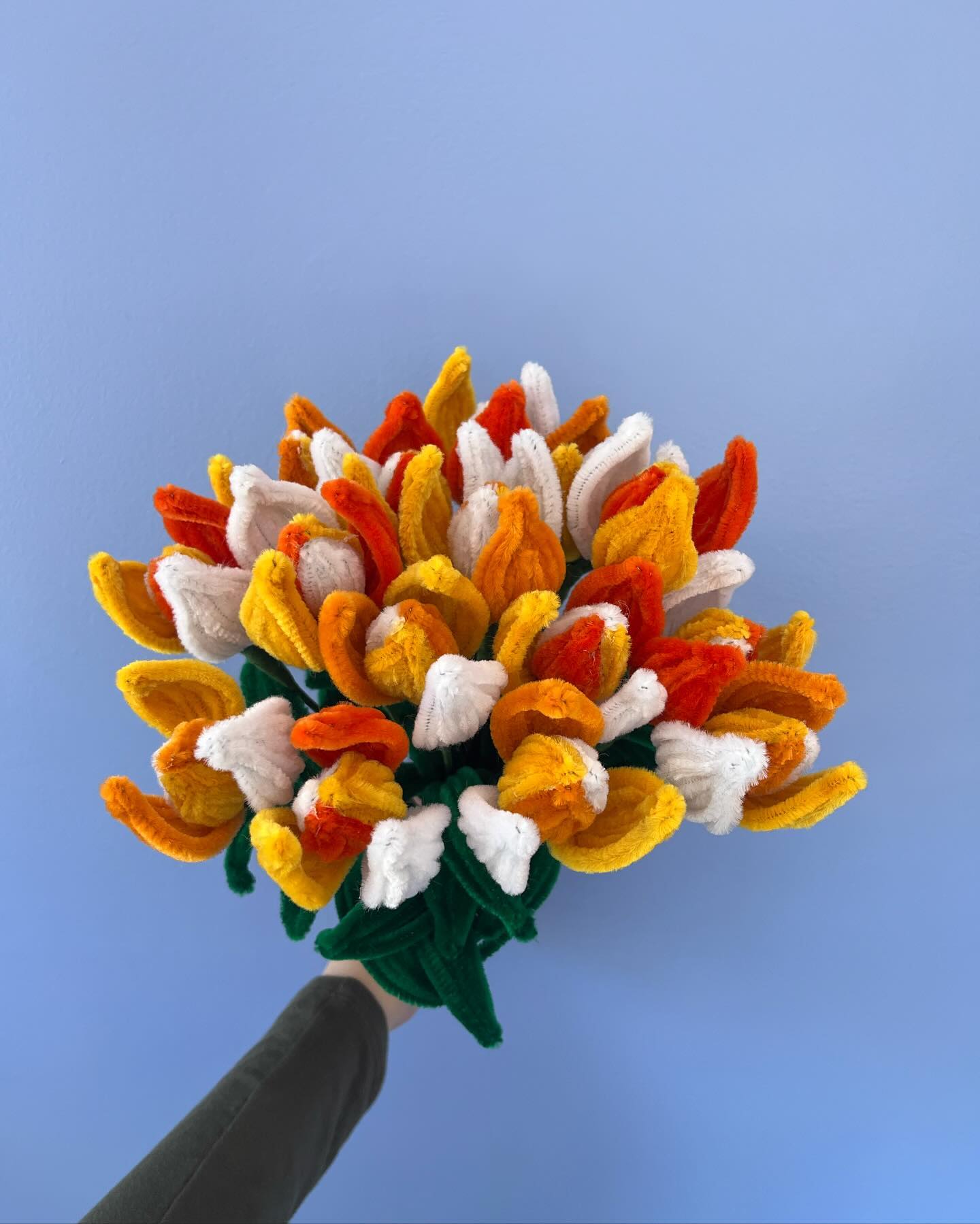 15 tri-colored tulips ordered for a high school drama show 🧡🤍❤️ 💛#foreverflowers #aprilshowersflowers #pipecleanerflowers