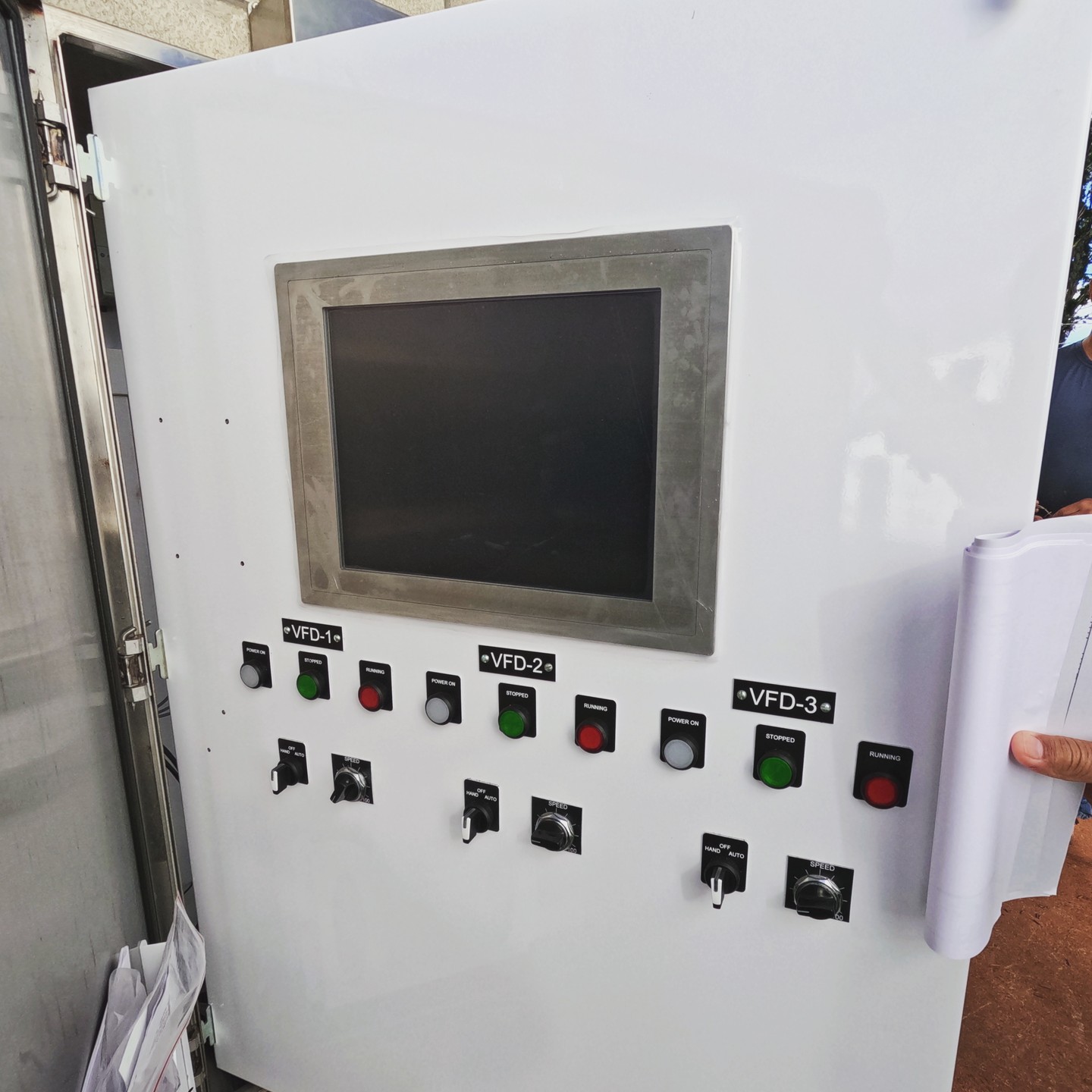 Shown is a VFD control panel made by: Allen Bradley
This panel controls 3 Vertical Turbine pumps.
Its application is reclaimed water.