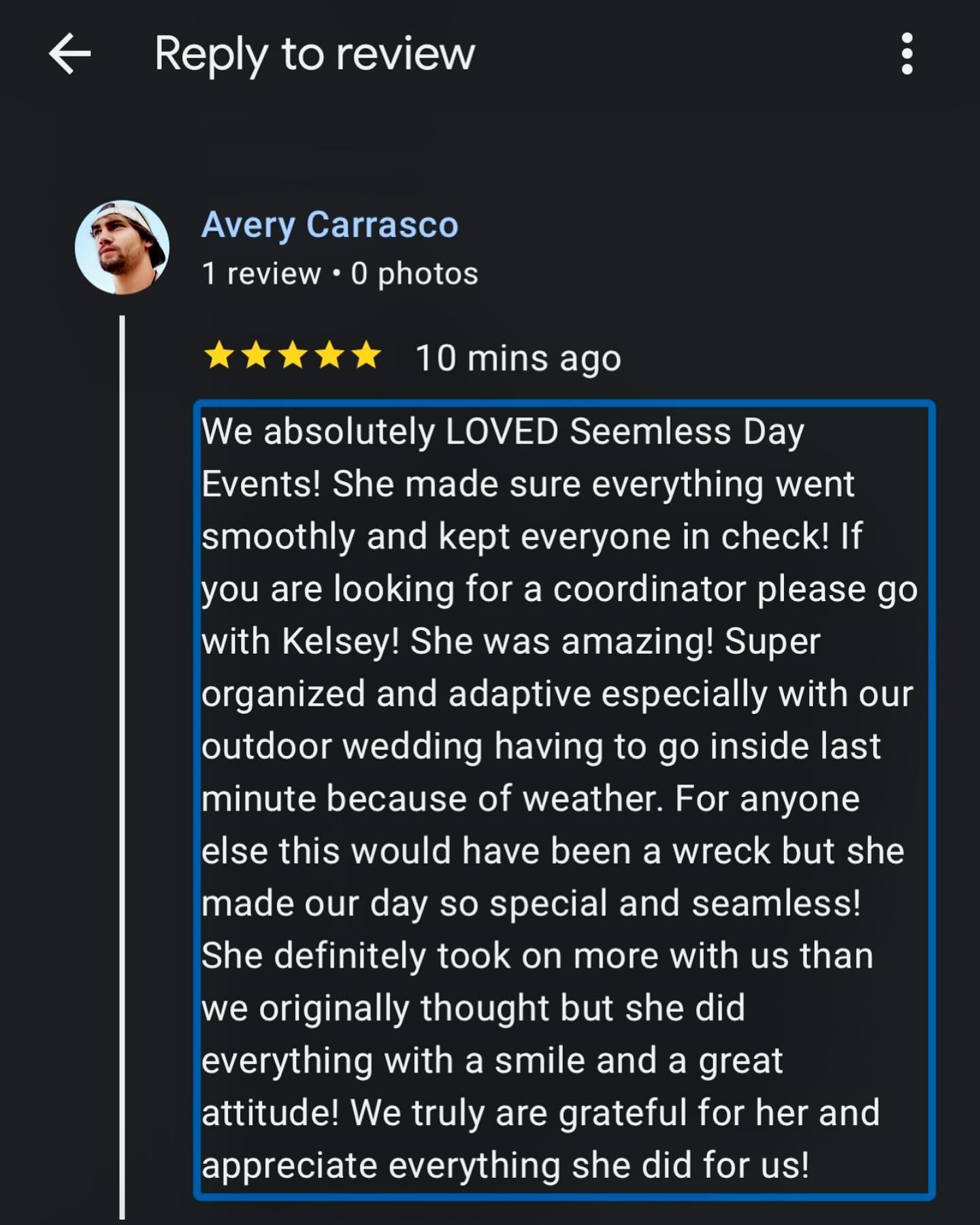 Another wedding in the books! Mother Nature decided not to cooperate, so we had to make a few last-minute adjustments to make sure the day was still everything the bride and groom dreamed of! With some creativity and hard work, we made their vision a reality! Reading this sweet review makes it so rewarding! If you want a seamless wedding or event, even when things don’t play out perfectly, let me know!