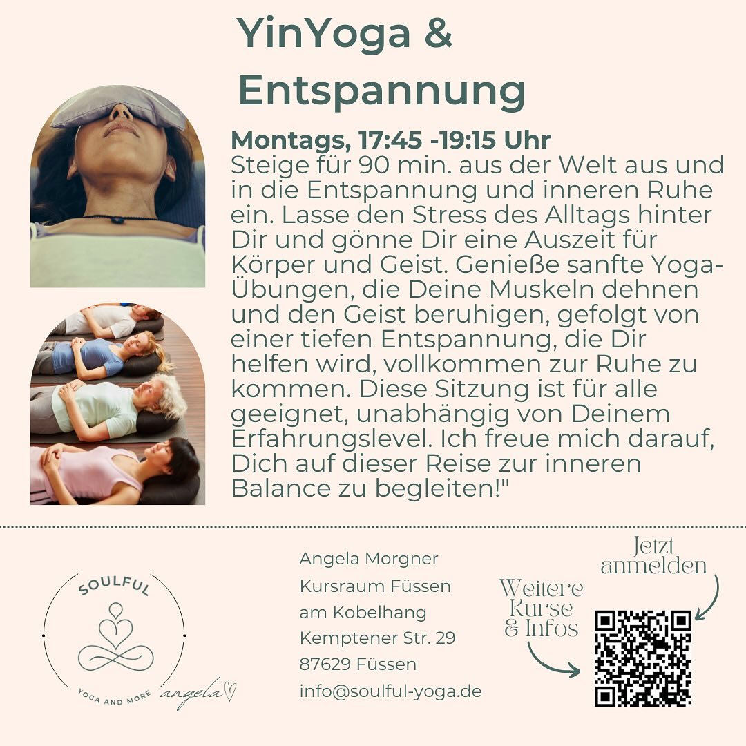 🌿✨ Tauche ein in die Welt der Entspannung und des inneren Friedens mit unserem Yin Yoga Kurs! 🧘♀️🌸 In der hektischen Welt von heute ist es so wichtig, sich Zeit für sich selbst zu nehmen und zur Ruhe zu kommen. Yin Yoga hilft dir dabei, tief in deine Muskeln und deinen Geist einzutauchen, Stress abzubauen und deine Energie wieder ins Gleichgewicht zu bringen. 🌺💆♂️ Lass uns gemeinsam auf eine Reise der Selbstliebe und des Loslassens gehen. Melde dich jetzt an und gönn dir diese wertvolle Auszeit für Körper, Geist und Seele.
AB DEM 06.05.2024 im Kursraum, Kemptener Str. 29 in 87629 Füssen 🙏💖
#YinYoga #Entspannung #Selbstliebe #InnererFrieden #Gesundheit #therapy4u #kursraumfuessen #yogastar #yogaliebe #yoga #yogafüranfänger