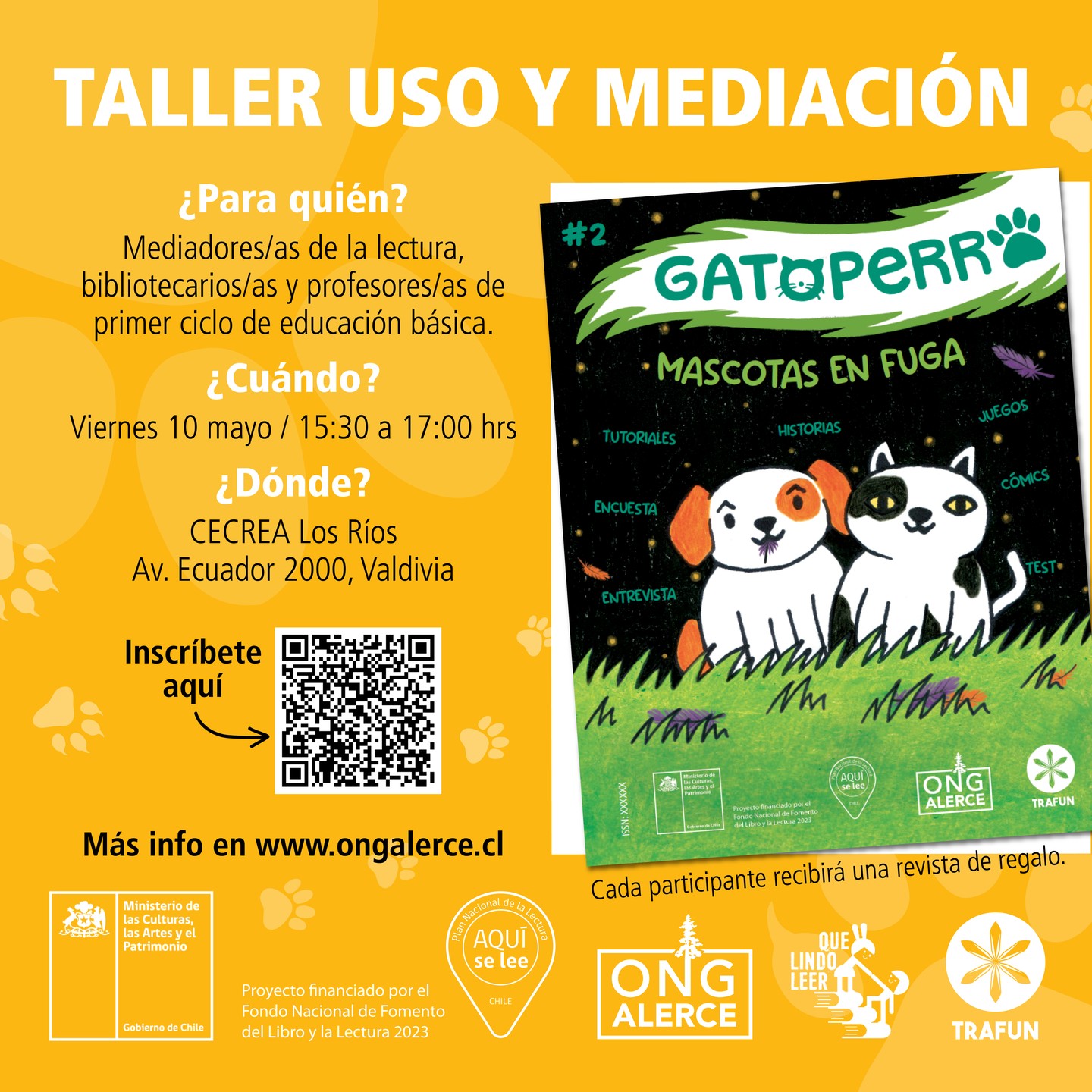 ATENCIÓN, COMUNIDAD GATOPERRUNA 🐱🐶
Les invitamos a participar del taller gratuito de uso y mediación de la revista GATOPERRO # 2: Mascotas en Fuga, que realizaremos el día viernes 10 de mayo entre las 15:30 y 17:00 hrs, en el CECREA Los Ríos ubicada en Av. Ecuador #2000, Valdivia.
👉Incríbete en www.ongalerce.cl o en este formulario_ https://forms.gle/gvwnwSiQQEQem2mT8
Al participar de este taller, podrás llevarte 3 revistas Gatoperro para tu establecimiento educacional o comunidad de aprendizaje 🌟.
¡Te esperamos! 😊
👉Recuerda que puedes descargar gratis o adquirir la versión impresa en www.ongalerce.cl
¡Gracias @cecreavaldivia por recibirnos nuevamente!
#taller #educacion #mascotas #fomentolector #revista #mediacionlectora