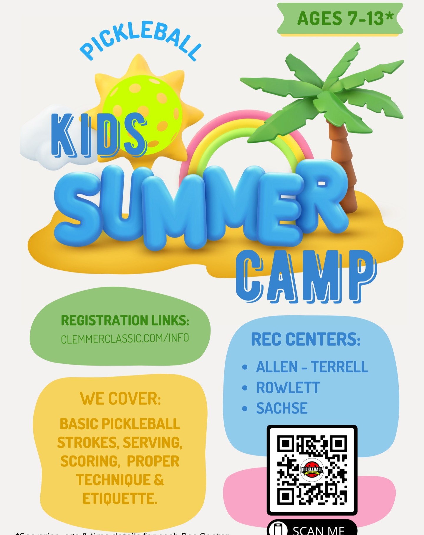 Looking for a fun camp for your kids this summer? Give pickleball a try!
The Clemmer Classic team will host indoor pickleball kids camps at the following area Recreation Centers:
- Allen - Stephen G. Terrell Recreation Center
- Rowlett Recreation Center
- Sachse - Michael J. Felix Community Center
Scan the QR code or use the link in bio to register today!
#dallaspickleball
#sacshsepickleball
#pickleballnorthtexas
#planopickleball
#pickleballlife
#pickleball
#pickleballrocks
#pickleballaddict