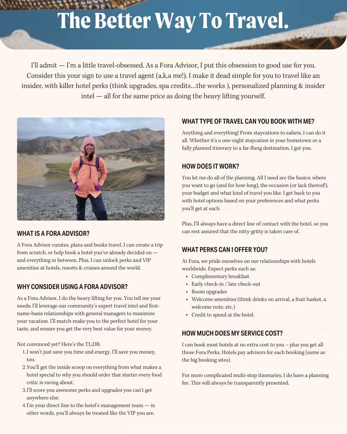 It's time to share that I have joined @hellofora as a travel advisor! Book your next trip with me for access to amazing perks and upgrades. The best part? It's free!! 🌞
What are some of the benefits of booking with a travel advisor?
Get the VIP Treatment on your next trip! 🎉
-Spa credits
-Late check-out/early check-in
-Free breakfast
-And much more!
(Varies by hotel)
In addition, I now have access to a huge community of experts to find the best locations and hotels to stay at!
Thinking of traveling somewhere? DM me or click the link in my bio to get started!
.
.
.
.
.
#travel #twogirlsgetaway #travelblogger #traveladvice #traveladvisor #fora #girlswhotravel #gltlove