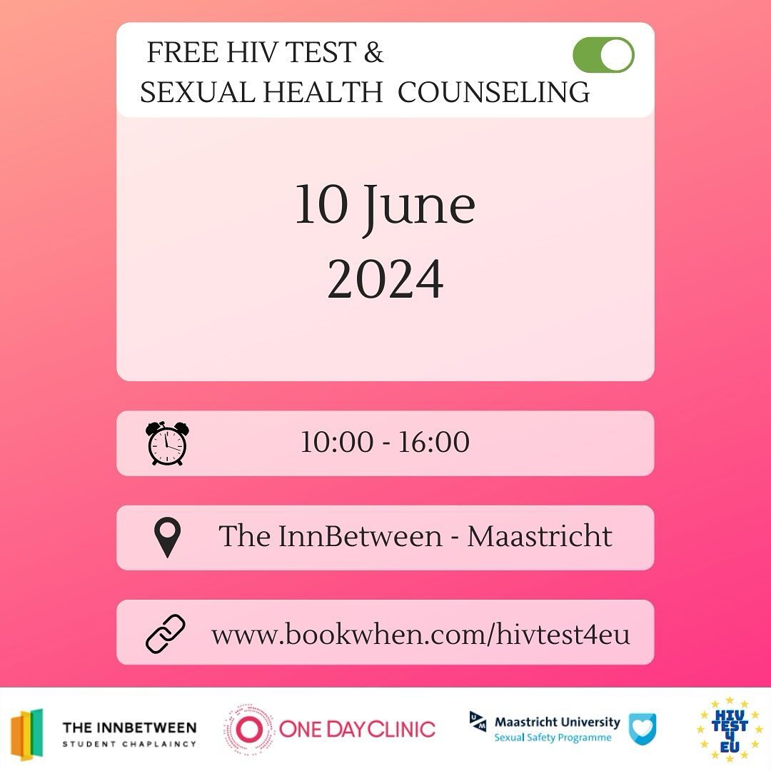 It’s European Testing Week!! Therefore, we are happy to announce that we have planned another testevent @innbetween_maastricht at the 10th of June!
🌟Come by if you have any questions about sexual health! Geert-Jan, nurse of the @onedayclinic, will be there to answer all your questions. You can also test for HIV but that choice is completely up to you. Testing is completely anonymous. In addition, someone from the UM sexual safety team @sexualsafetyum will be present all day to answer questions about sexual safety.
📱Sign up? www.bookwhen.com/hivtest4eu or via the linkinbio!
See you there!! 🙌
@eurotestweek