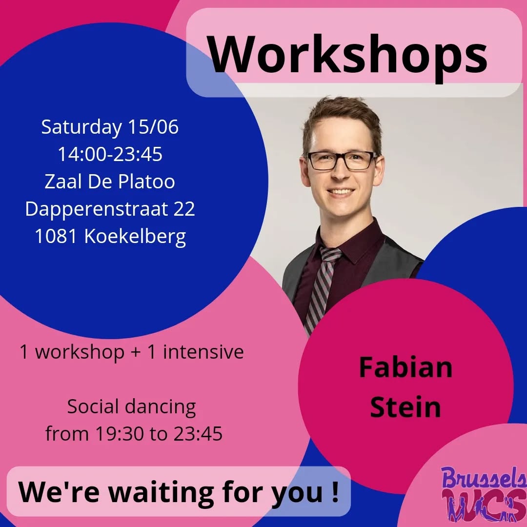 Fabian Stein, WSDC Advanced dancer and experienced teacher, is coming from Germany to BWCS for the very first time.
NEW CONCEPT: one workshop, one intensive and a social.
The schedule:
► 2 pm - 3:15 pm: "PUMP UP YOUR WHIP" - workshop for students who started in Sept 2023 or earlier and who already master the fundamentals of WCS - not suited for absolute beginners.
► 3:30 pm - 6 pm: "SWING YOUR WEST - INCORPORATE SWING INTO YOUR DANCE" - Intensive workshop for 'intermediate' students (between 2 et 3 years of regular classes and 'advanced' students (over 3 years of regular classes). Break at approx 4:45.
► 6 pm - 7:30 pm: dinner break, room closed
► 7:30 pm - 11:45 pm: social dancing (surprise possible)
Price for BWCS members:
17€ for one workshop
30€ for two workshops (you can take the workshop of your level and of the level below)
Social dancing: FREE if you register for a workshop; 10€ if evening only, with mandatory registration
Price for non-members:
20€ for one workshop
40€ for the intensive
Social dancing: free if you register for a workshop; 10€ if evening only, with mandatory registration
PRACTICAL INFO:
✮ These workshops are not suited for absolute beginners. Knowledge of WCS fundamentals is required.
✮ Registration is mandatory for the evening social if you dont attend any workshop.
✮ Club membership for the 2023-2024 season costs 15€. It includes a special "sport" insurance coverage and gives you a discount for all our workshops and free entrance to all our practicas.
✮ For dinner, you can bring your own snack and eat it on the spot with us to celebrate the end of the season. Or pick a nearby restaurant.
✮ You can register with or without a partner. If you register as a couple, one registration will suffice for both partners.
If you register as a single follower, you will be placed on a waiting list and admitted as soon as someone registers in the opposite role.
You may register for two classes at once as long as you attend both in the same role and with the same partner (if any). For multiple registrations (different levels, different roles and/or different partners), please do separate registrations.
Registration on our website