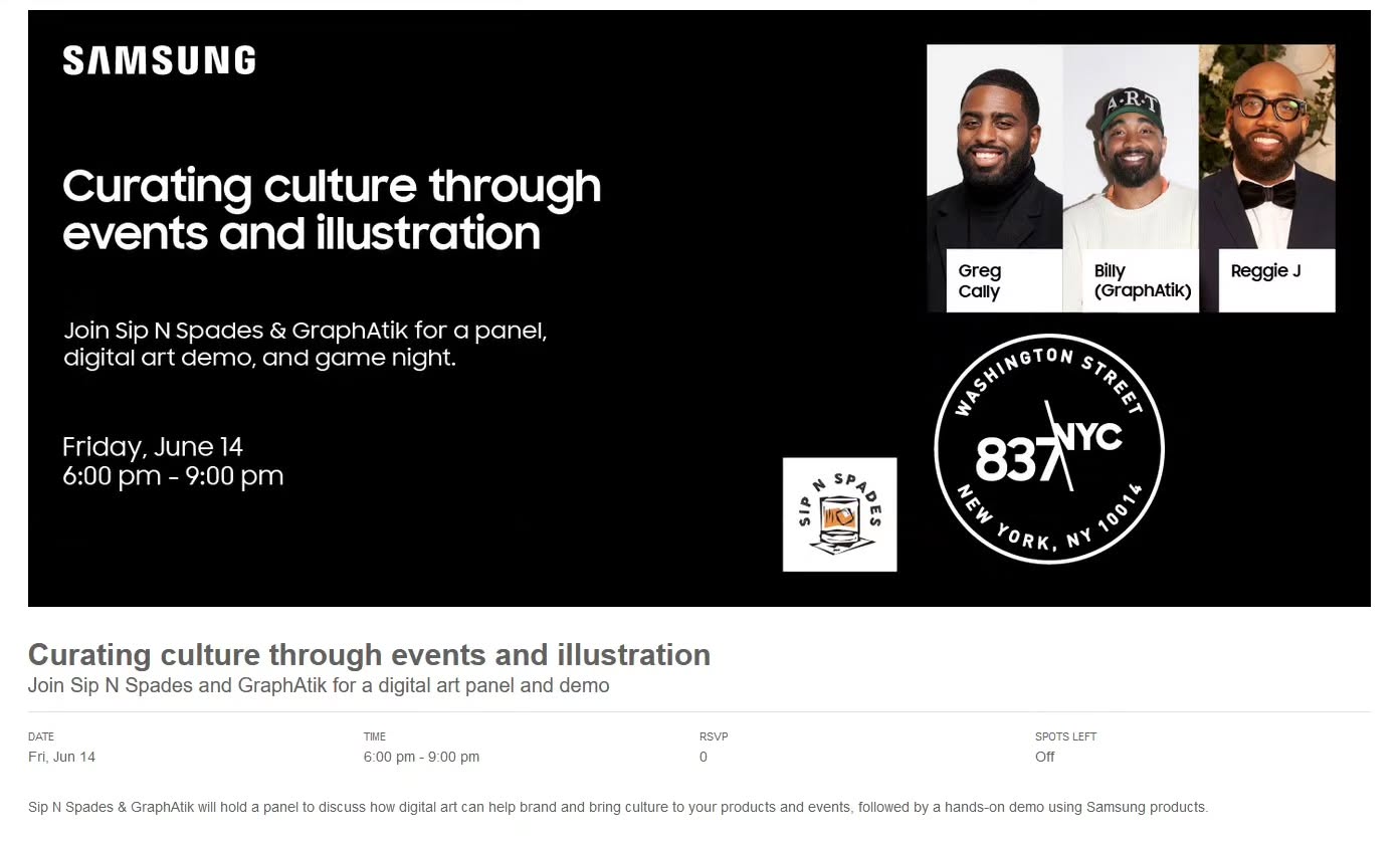 Sip N Spades @ Samsung on June 14th! 💣 Pull up on us for a special panel & game night in NYC as we discuss curating culture through illustration in our merch & playing card collaborations with @graphatik 👕🃏 Be ready to play games and network as well! Link in our bio to RSVP! See you there! #SipNSpades #samsung #graphatik #gamenight