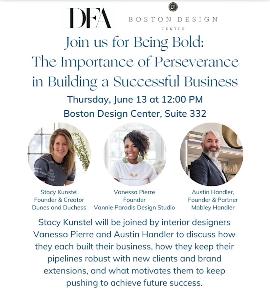 As if a short week is not exciting enough....I am delighted to share that I will be joined by @austinhandler
of @mableyhandler in a conversation led by Stacy Kunstel, founder of @dunesandduchess, about the power of perseverance in entrepreneurship.
Thank you to all involved in making this possible @decorativefurnishingsassoc @bostondesigncenter @thebrightgroup
Don't miss this opportunity to network with like-minded individuals and gain valuable insights to help you on your own entrepreneurial journey.