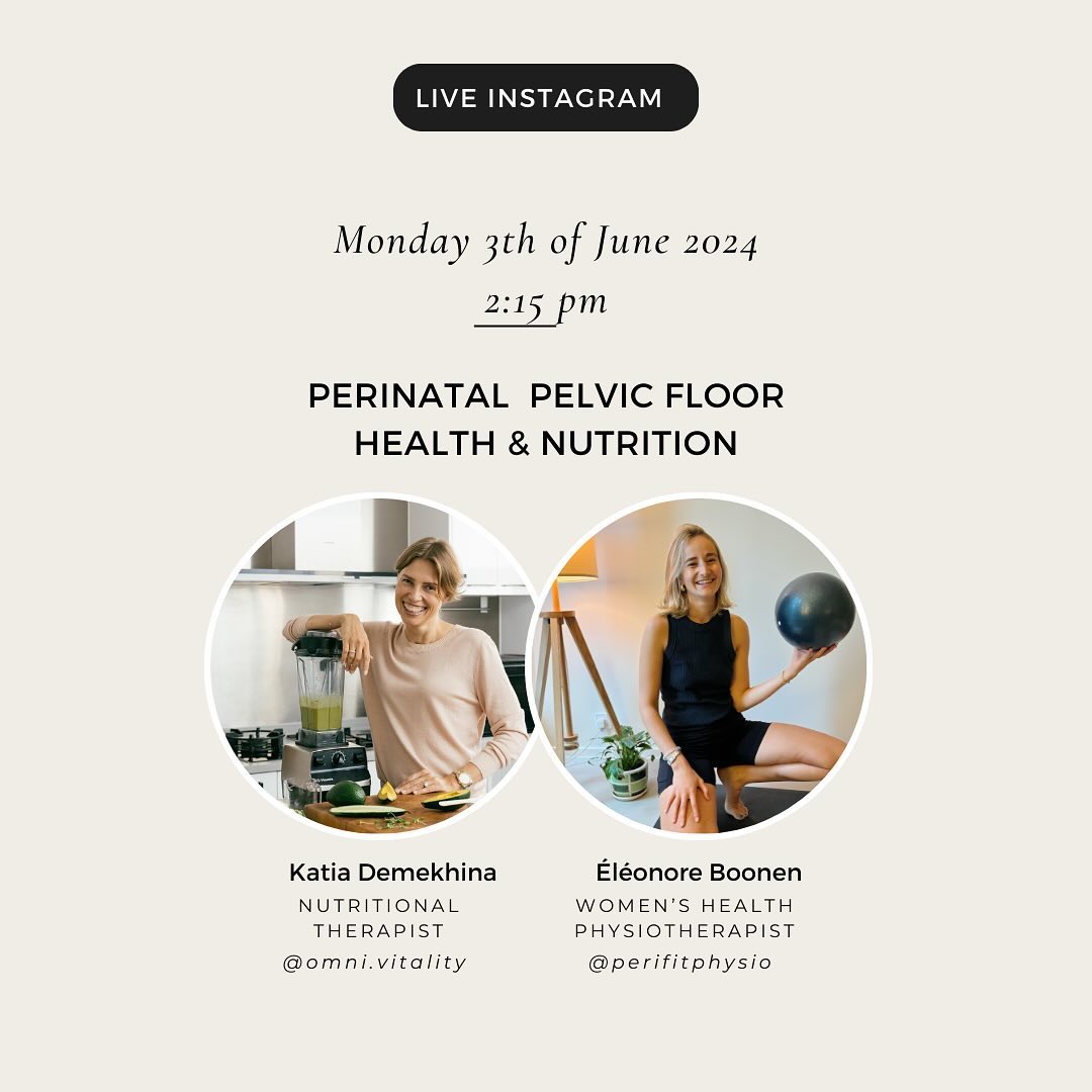 # Instagram Live: Perinatal Pelvic Floor Health 🤰🏼 & Nutrition 🌱
Join Eléonore and Katia on Monday, June 3rd, 2024 for an IG Live.
👉🏻 We will be discussing the importance of integrating nutrition and physiotherapy for perinatal (pre-, during and post-partum) women’s health.
Eléonore, a Women’s Health Physiotherapist, is passionate about helping women optimise their pelvic floor and body health during the perinatal period.
Katia, as a Nutrition Specialist, shares the passion for supporting women and brings her expertise on how proper nutrition can support perinatal wellbeing.
✨ By bringing together our expertise in physiotherapy and nutrition, Katia and Eléonore aim to empower you with the knowledge and tools to optimize pelvic floor health and overall wellbeing during transformational times in our lives.
•
•
•
#PerinatalHealth #pelvicfloorhealth #pregnancy #pregnancynutrition
#postpartum #Postpartumrecovery #womenshealth #Physiotherapyandnutrition #HolisticHealthcare #HolisticHealthcare #ActivePregnancy #Saferecovery