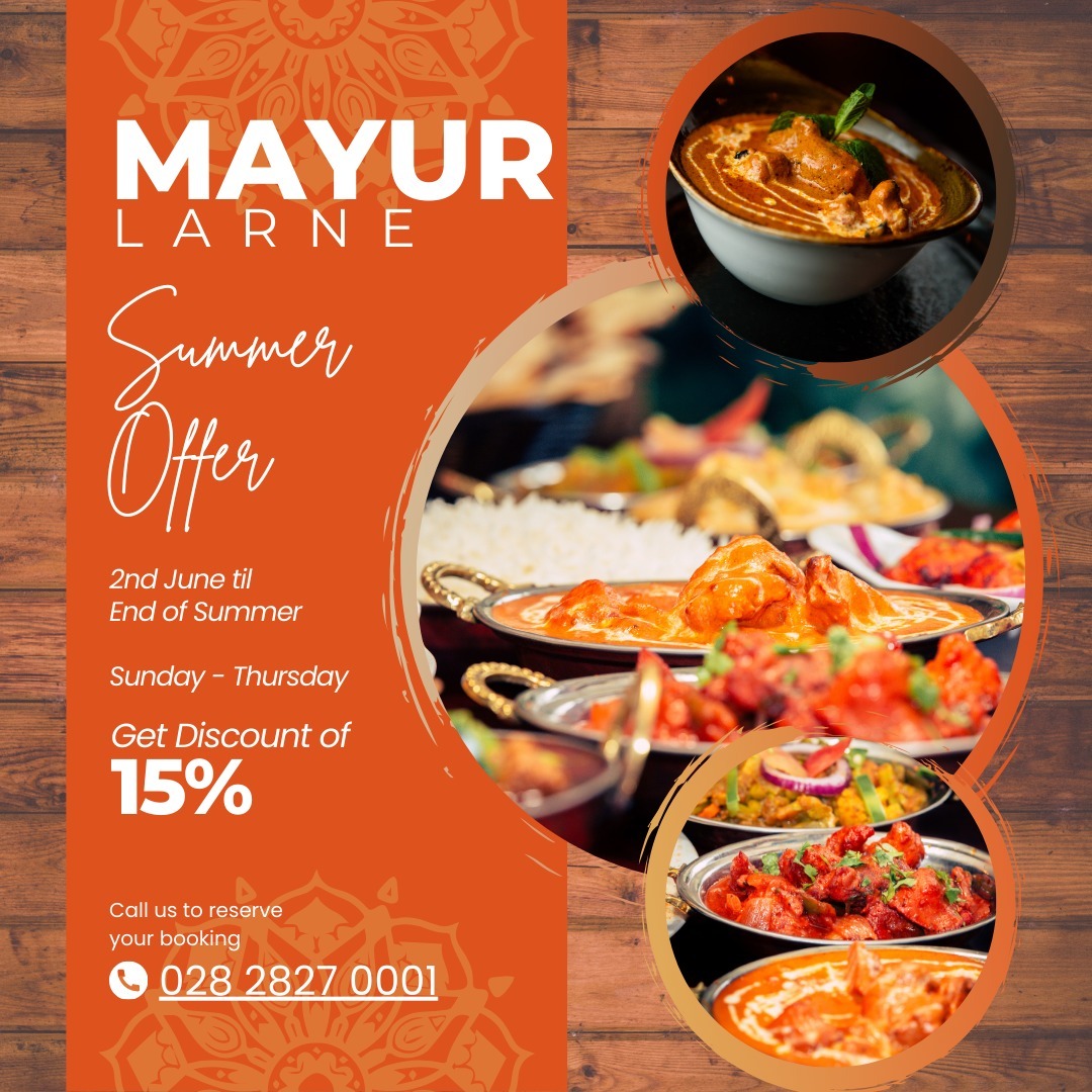 15% discount from the total bill (including Food and Drinks) from 2nd June; SUNDAY to THURSDAY ONLY for all the sit-in tables.
Note: This offer excludes take-away, lunch and early bird bills and is only available in Larne.
#Indian #Mayur #curry #balti #Larne #PortOfLarne #MayurinLarne #FeastLikeamaharaja #CobraBeer