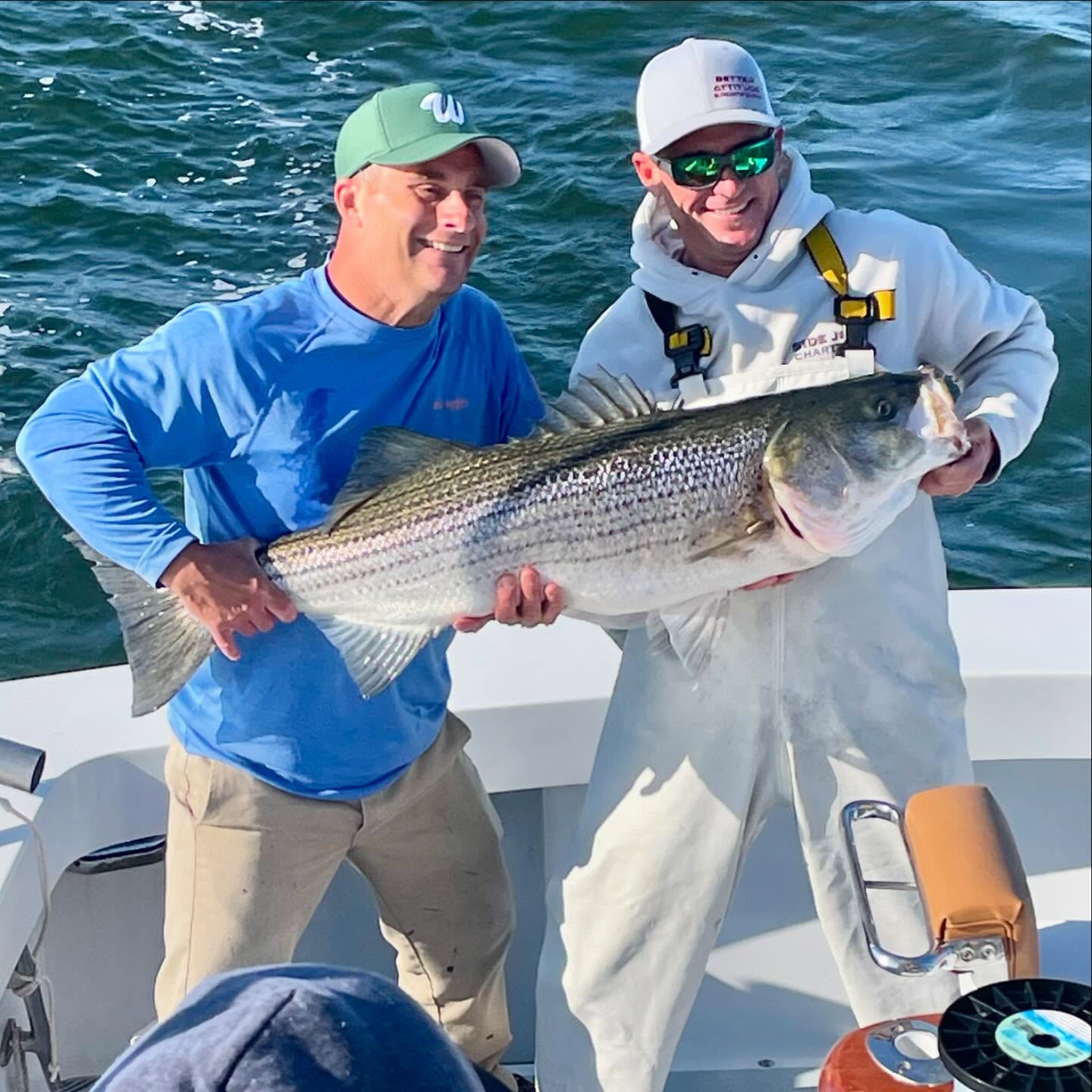 Great bite today on the jumbo bass! Had 16 bites n catch 8 for the Forrest Electric boys on the Little Mule for SideJobCharters trolling. Nothing like catching 40 lb bass!! Tons of PB. Call now 561 578 2710 #sidejobcharters #stripers #striperfishing #manasquaninlet #littlemule #njfishing #bogansrods #reelseat #pennfishing