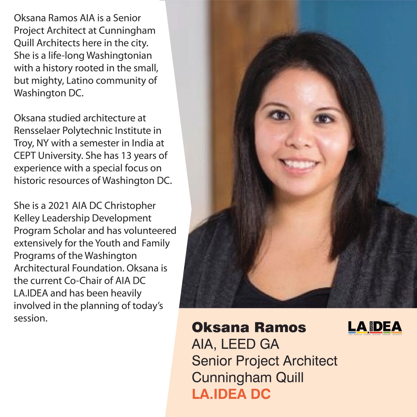 Meet one of our Co-Chairs from @laideadc , Oksana Ramos at #AIA24 this Thursday, June 6th from 10:30 am to 12:30 pm for our panel discussion "Building Alliances: Learning from the Latinx experience".
Learn and share with her and other members of the Latinx community. Looking forward to see you there!