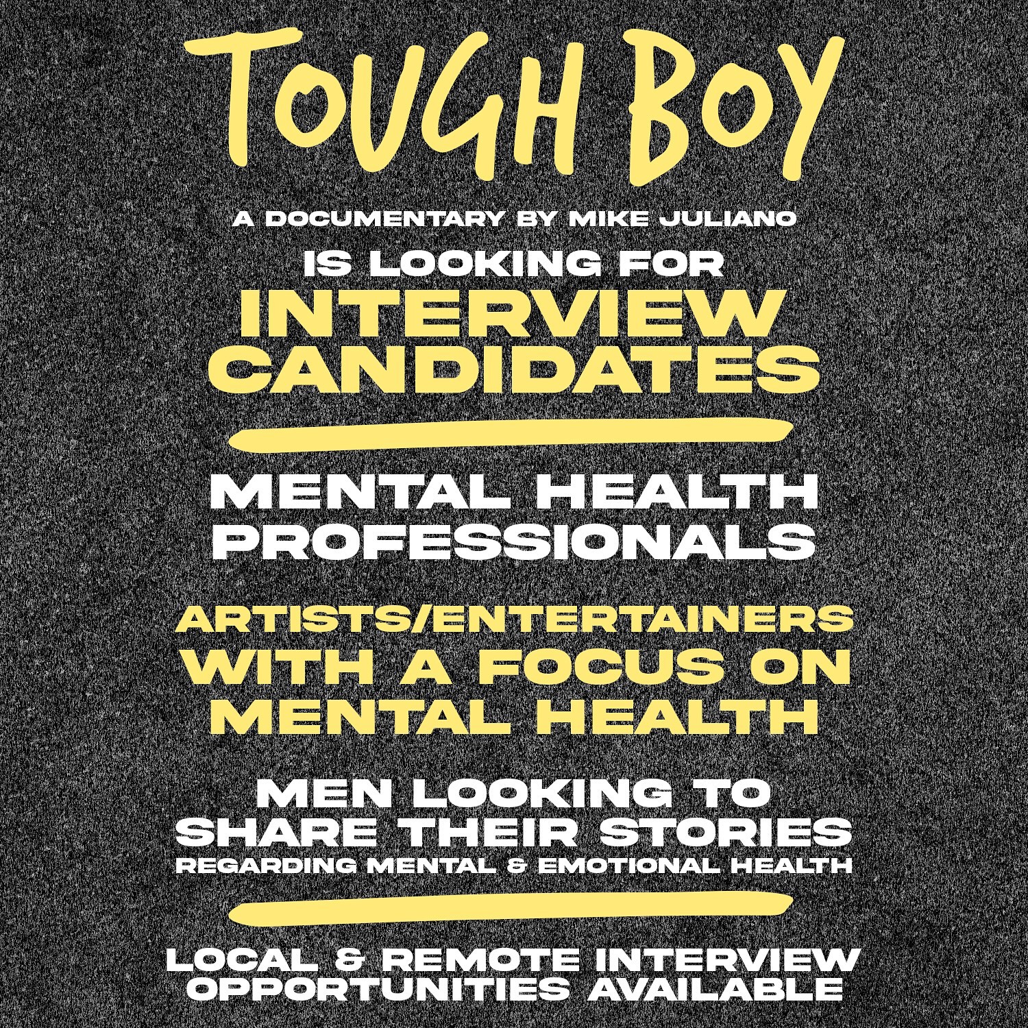 Want to be a part of TOUGH BOY? We’re looking for interview candidates to help tell our story. DM for more info or email mike@mikejuliano.com
#documentary #mentalhealth #menshealth #menshealthmonth #mensmentalhealth