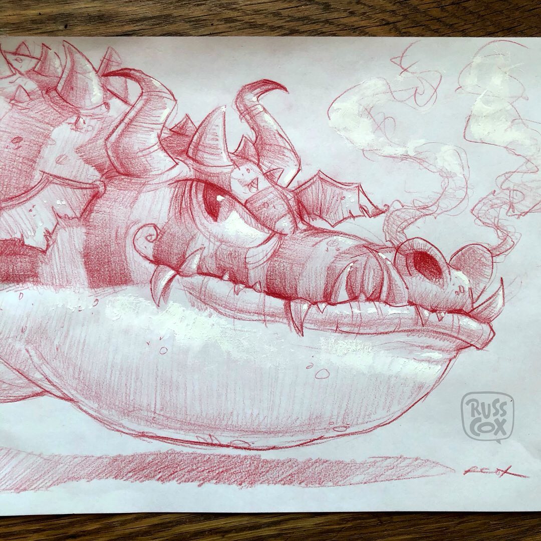 I did this sketch during a drawing demo using a colored pencil on copier paper. The highlights were enhanced with white paint. #sketch #doodle #cartoony #dragon #characterdesign #illustration #kidlit #kidlitart #graphicnovels #picturebooks #instaartist #instaillustrator
