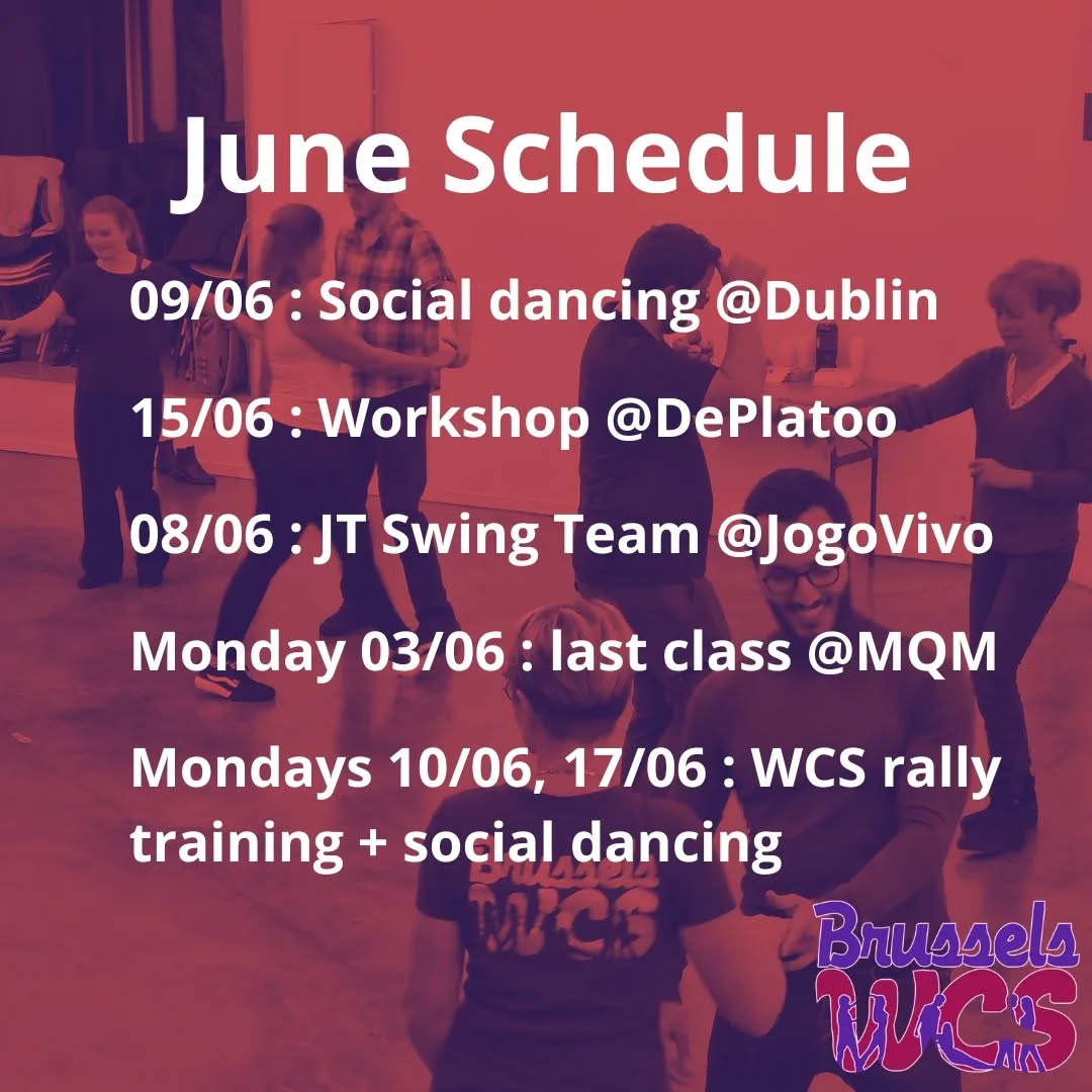 Here is our June schedule !
Last month before the summer holidays, last classes happen on June 3rd. But come on June 10th and 17th to learn the WCS rally from 19:00 to 20:00, followed with 2hours of social dancing 👯
Join us for the social dancing on the 9th at Dublin 🪩
And don't forget the workshop with Fabian Stein on the 15th ! 🕺
Happy holidays, and see you in August for the next season ! ⛱️