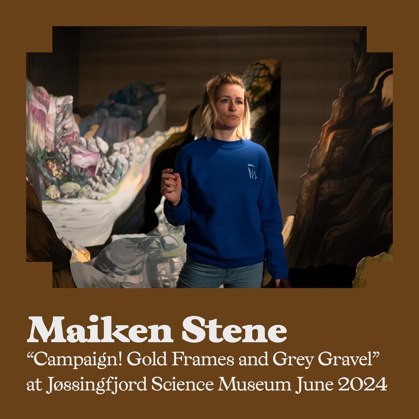 We are so proud to announce that Maiken Stene shows two artworks in our research exhibition ‘Campaign! Gold Frames and Grey Gravel’ Today we are installing her painting “Storgangen” at Jøssingfjord Science Museum. The painting is a visual interpretation of a man-made valley close to Titania’s first mine Sandbekk. The exhibition opens 22 June 2024. Photos: Hanna Biørnstad