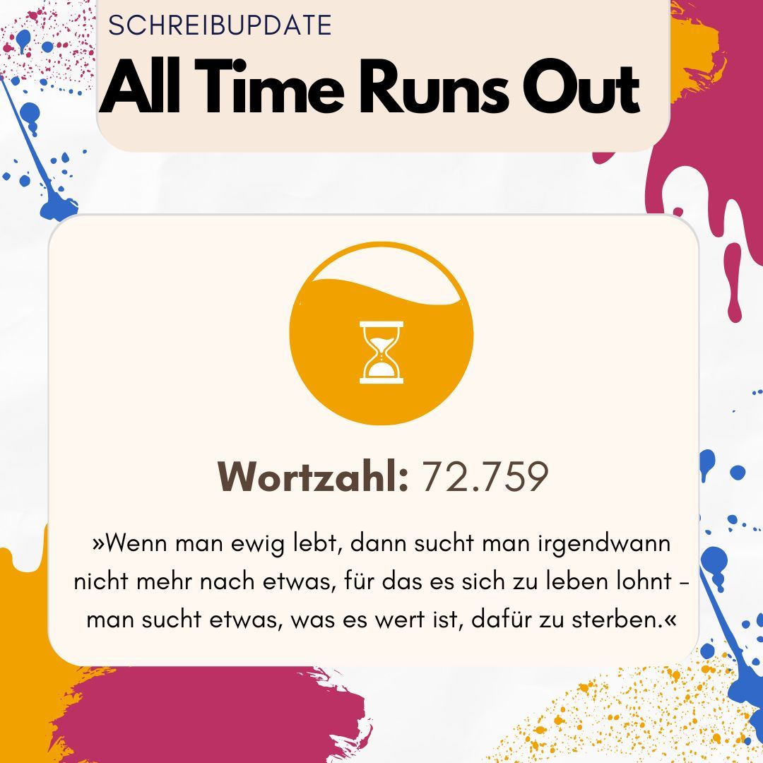 Ihr kriegt mal wieder ein Schreibupdate von mir, da das letzte schon ne ganze Weile her ist.
Ich hab im Mai tatsächlich Urlaub gemacht und hab dort auch sehr viel geschrieben. Das Manuskript befindet sich auf der Zielgeraden :)
Einen Satz daraus hab ich euch auch mitgebracht (siehe Bild).
Übrigens geht das Coverbattle morgen in die nächste Runde, falls ihr also noch nicht abgestimmt haben solltet, dann ist das die letzte Chance!