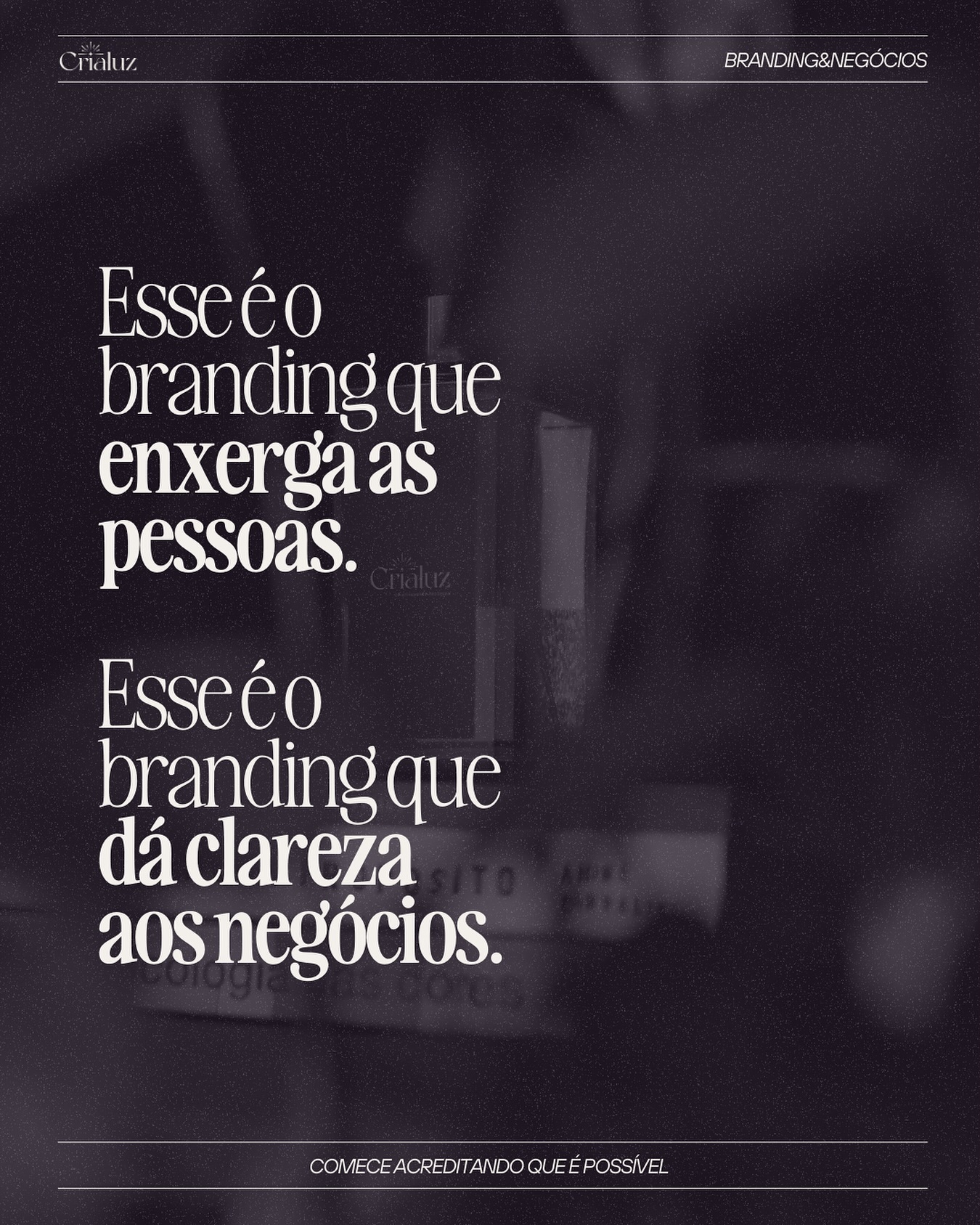 “Minha ideia faz sentido?” “Será que alguém vai comprar isso?” 🫣
Essas são perguntas recorrentes de algumas clientes no primeiro encontro, quando expõem para nós o que desejam, como enxergam a marca atual e como pensam torná-la real.
Ali, tudo o que precisam é de uma escuta responsável, um olhar assertivo e corações presentes. O que desejam é um olhar empático, mas que não deixa de ser estratégico. ⚡️
Essa empreendedora, muitas vezes, já chega para nós cansada de pagar por projetos de branding e ser apresentada a arquivos pdfs que entregam a criação de logo, tipografia e paleta de cores, mas que deixam de lado o que realmente importa, a essência. Nossa! Lamentamos se você aprendeu que identidade visual é Branding. Você realmente não tem culpa. Infelizmente, isso é o que tem sido vendido por aí.
A criação de uma marca brilhante, que traduz a essência e as histórias de uma empresa, tem muito mais de investigação interna do que APENAS, vejam só, eu disse apenas, escolhas relativas a design.
Essa empreendedora que, no momento do briefing, duvida das suas próprias ideias e não tem clareza do que precisa, encontra aqui na Crialuz, um lugar de confiança para que elas se tornem reais. 🤍
Os projetos desenvolvidos no nosso ateliê envolvem um olhar para a singularidade de cada empresa. Porque quanto mais a personalidade dela exala, mais inspiradora ela se torna. Isso sim, é uma marca brilhante.
Esse é o branding que enxerga as pessoas. ✨
Esse é o branding que dá clareza aos negócios. ✨
Isso é Crialuz.✨
#Branding #AteliedeBranding #BrandingparaNegocios #BrandingparaMarcas #BrandingcomEssencia