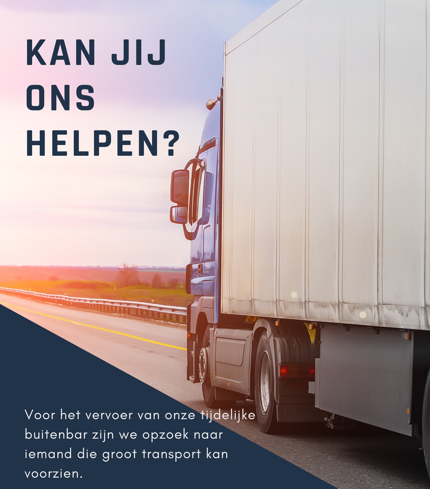 Ken of kan jij ons helpen?
Voor het transport van onze buitenbar zijn we opzoek naar iemand uit deze sector die ons uit de nood kan helpen, of iemand die andere hulpmiddelen ter beschikking heeft om dit op onze locatie te krijgen
Kan jij ons uit de nood helpen?
Contacteer dan snel: nath@telenet.be
Alvast super bedankt! 🙏