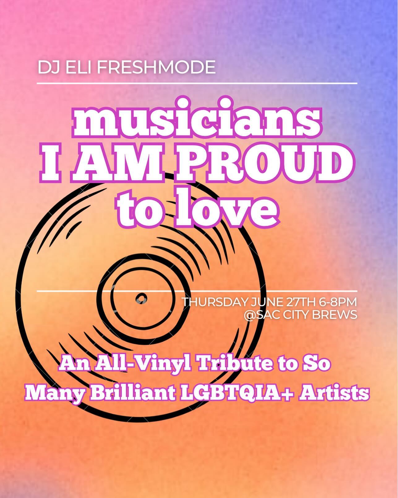 Join me from 6-8pm at Sac City Brews in Sacramento this Thursday (June 27th) for a celebration featuring music made by brilliant LGBTQIA+ artists whose songs and lyrics have meant so much to me. (@carolinerosemuzak @hurrayfortheriffraff @lucydacus @durandjonesofficial @katiepruittmusic @blackfootwhitefoot & @courtneymelba to name a few!)
95% of the set will be all-vinyl, however I will also be playing some tracks from amazing local musicians in the LGBTQ+ community who are doing big things here in Sac!
@lizz_shine @mateo_briscoe @s0lcarac0l @kcshanemusic and more!
Come have a cold drink and celebrate their greatness!
@saccitybrews
@tahoeparkna