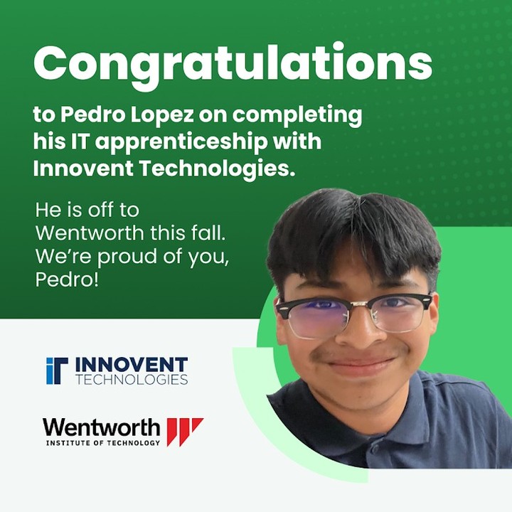 And that’s a wrap! After a 10-month internship with Innovent Technologies, Pedro will now couple the transferrable skills he learned in the workplace with a college education. He will be entering Wentworth Institute of Technology this fall 👏🏽 From creating a ticketing system 📝that tracked colleagues’ IT issues, to troubleshooting printer and display monitor hardware 🖨️, Pedro applied IT theory into practice while building his network.
His hands-on experience allowed him to think on his feet, adapt quickly to changing environments, and take initiative as a trusted team member. He completed this youth apprenticeship feeling inspired and excited to potentially pursue a career in a similar industry. We can’t wait to see where his journey leads. Congratulations Pedro! 🎉
Después de 10 meses trabajando con Innovent Technologies, Pedro usará sus habilidades transferibles que aprendió en un lugar de trabajo junto con una educación universitaria. Desde la creación de un sistema de boletos para asistencia técnica 📝 que rastreó los problemas técnicos de sus colegas, hasta solucionar problemas con impresoras y pantallas de monitor 🖨️, Pedro aplicó la teoría de tecnología en la práctica y a la vez construyó su red de contactos profesionales.
Su experiencia práctica le permitió pensar con claridad, adaptarse con rapidez a entornos cambiantes y tomar la iniciativa cómo un miembro del equipo confiable. Él completó el programa de jóvenes aprendices sintiéndose inspirado y emocionado de posiblemente continuar una carrera profesional similar en la misma industria. No podemos esperar a ver hasta dónde llegará. ¡Felicitaciones Pedro! 🎉
#IT #Internship #youthapprenticeship #tech industry #tecnología