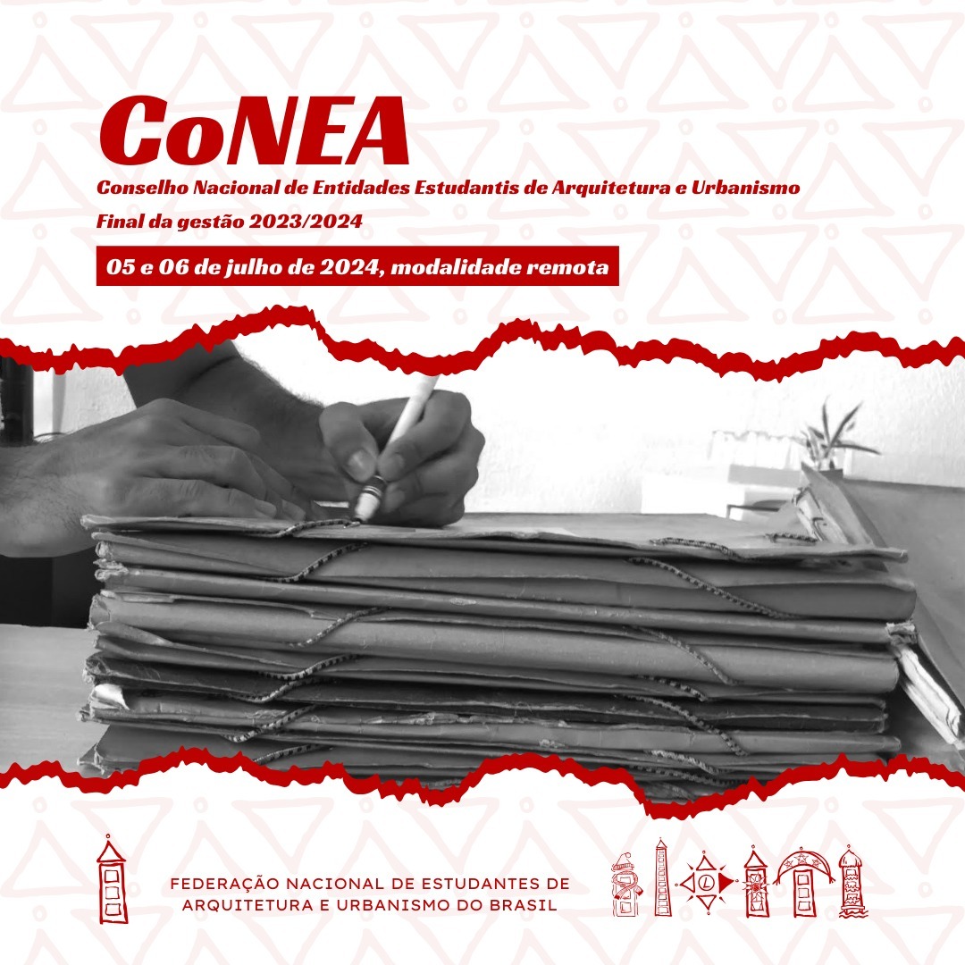 A Federação Nacional de Estudantes de Arquitetura e Urbanismo do Brasil (FeNEA) convoca todes estudantes do Brasil para o Conselho Nacional de Entidades Estudantis de Arquitetura e Urbanismo - CoNEA de final de gestão que acontecerá nos dias 05 e 06 de julho de 2024 na modalidade remota.
O presente conselho está sendo convocado para dar início ao encerramento das atividades da gestão 2023/2024 da FeNEA a nível nacional, com a realização do repasse das atividades que foram desenvolvidas, e indicar as próximas pessoas que irão assumir a diretoria na gestão 2024/2025.
Os links de acesso já foram divulgados em todos os grupos da FeNEA com as entidades de base no Whatsapp. Caso não tenha recebido e queira participar, só entrar em contato conosco que enviamos diretamente para você 😊.
🗣 "Estudante de Arquitetura e Urbanismo, a FeNEA é um patrimônio seu, organize sua revolta, participe das atividades da Federação !" 🗣
Grande abraço e um xêro,
Equipe FeNEA
#vivaafeneaquefazagenteseencontrar
#arquitetura
#arquiteturadapaisagem
#urbanismo
#paisagismo