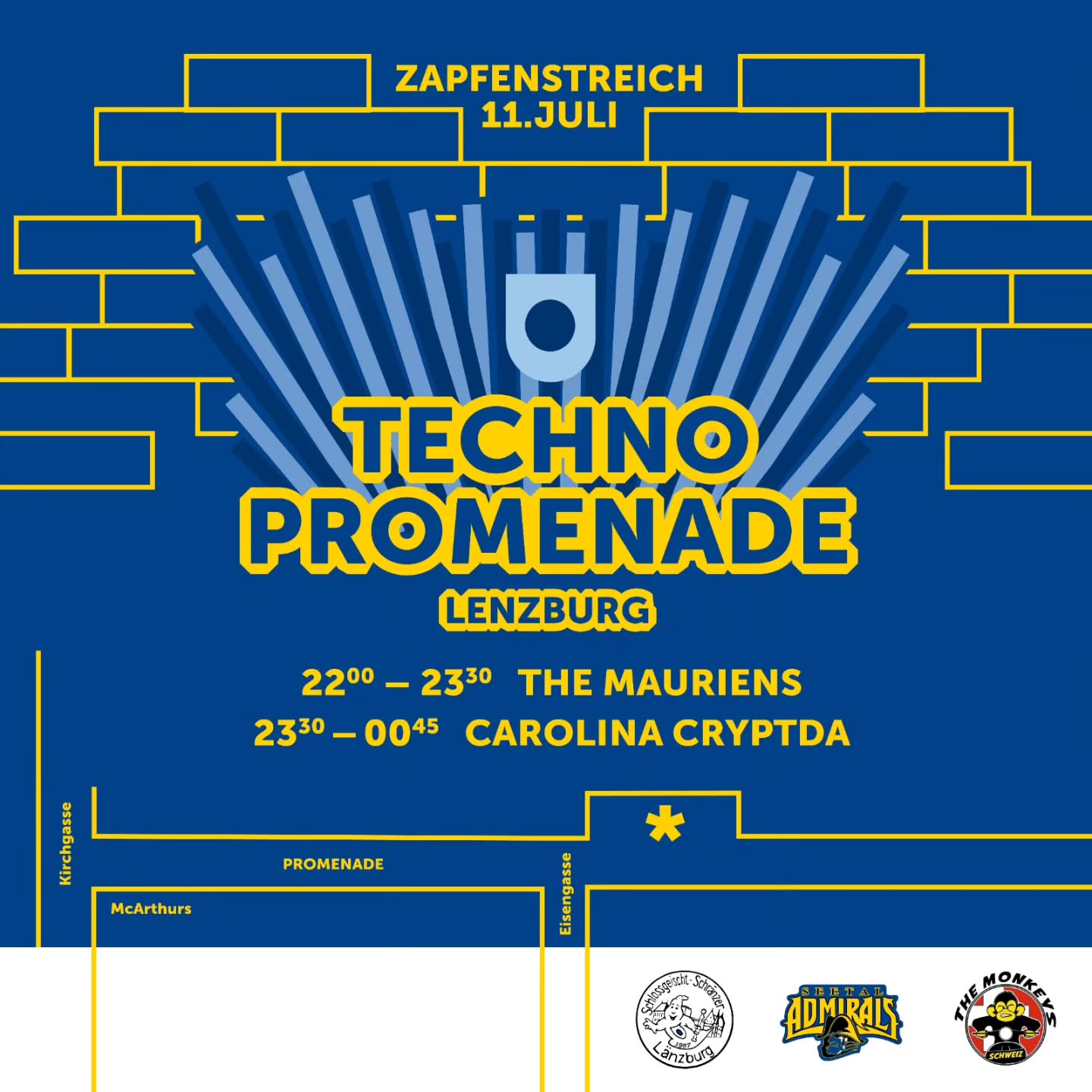 Kommt vorbei und geniesst den Abend mit uns am Jugendfest Lenzburg. Ihr findet uns an der Promenade, oder wie wir sie dieses Jahr nennen: An der Techno-Promenade!
Gemeinsam mit den Seetal Admirals und den The Monkeys wird die Promenade zur Party-Meile!
Und das mit LIVE Musik!
Wir freuen uns auf:
22:00 - 23:00 Uhr The Mauriens
und
23:30 - 00:45 Uhr Carolina Cryptda