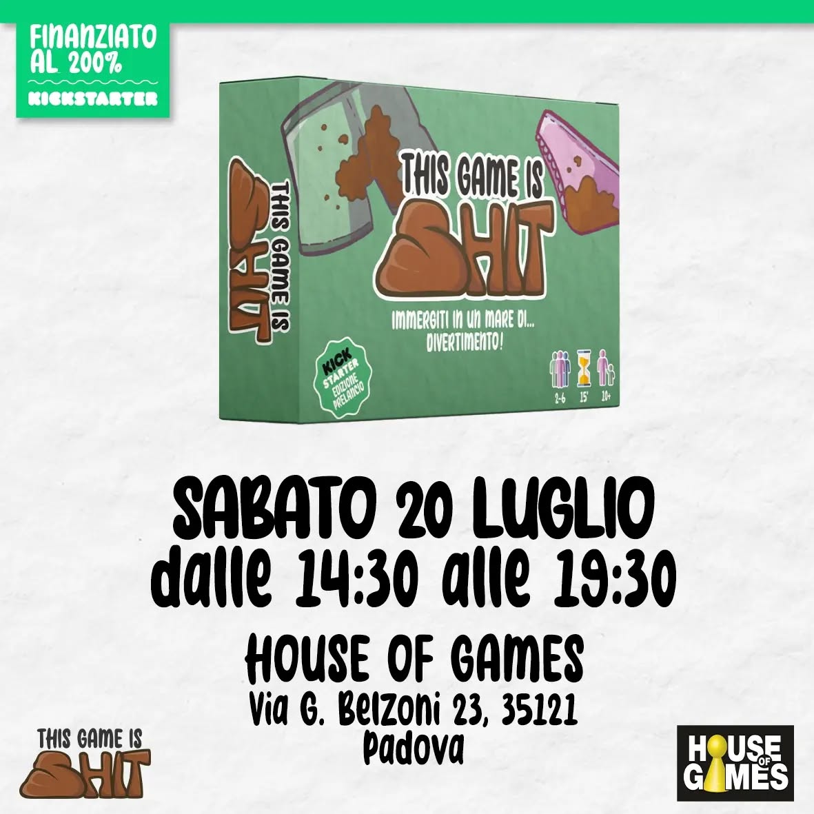 Ciao gente, la settimana รจ finita e ora รจ tempo di rilassarsi.
Che c'รจ di meglio di venire a giocare a This Game Is Shit domani pomeriggio da @houseofgames_store_pd prima della fine della campagna per scoprire se รจ il gioco che fa per voi (anche se non v'รจ dubbio alcuno)?!
Attenti a non rilassarvi troppo perรฒ che per una strisciata alle mutande basta un attimo. ๐ฉ๐ฉฒ
#giochidicarte #giochidatavolo #boardgame #boardgames #crowdfunding #kickstarter #padova