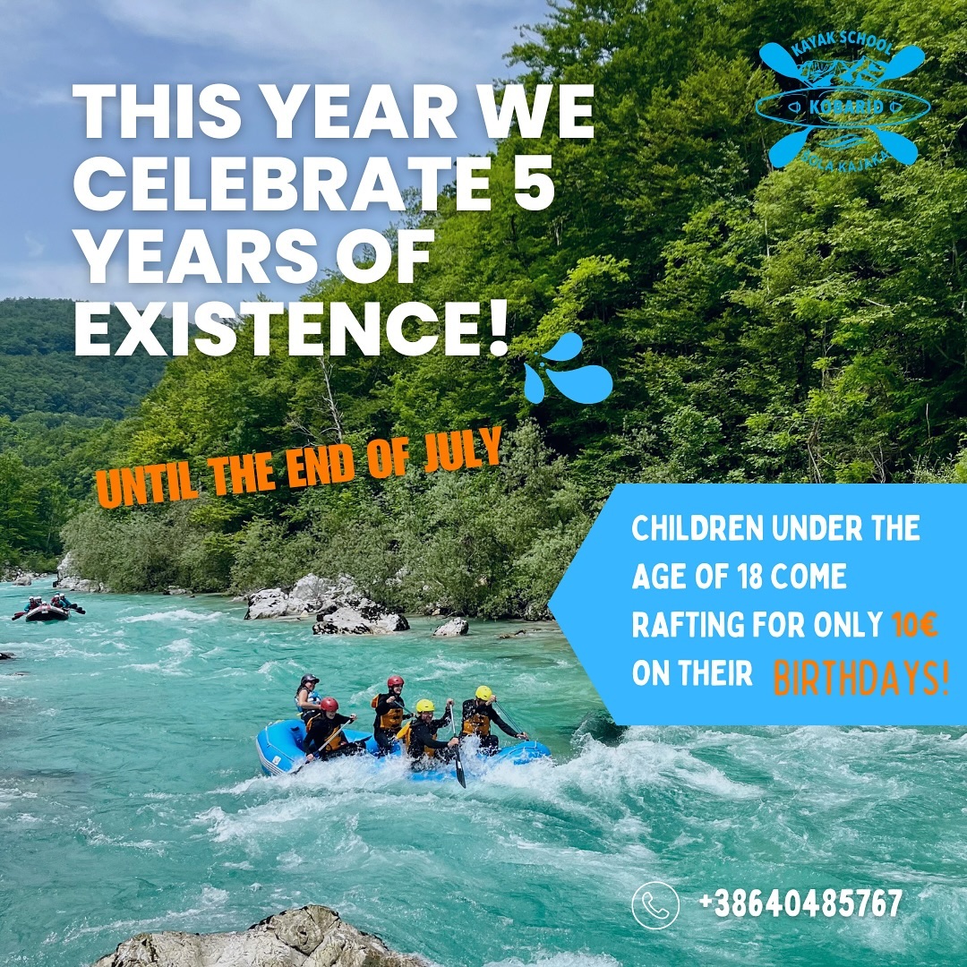 🎉 This year we celebrate 5 years of existence!
👉 children under the age of 18 come RAFTING for only 10 € on their BIRTHDAYS 🥳
>>until the end of July<<
Contact us +38640485767
#rafting #socavalley #socariver #kayak #familytrip #kobarid #sloveniatravel #kayaking