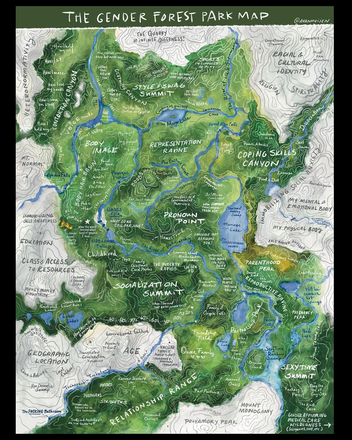 Hey, happy #nonbinary awareness week!
If you are not an ENBY, a really great thing to do this week might be to take a little wander into the gender forest to explore the ways that youuu (yes, YOU) deviate, aspire to deviate or have never been allowed to deviate from the pink 💕or blue 💙gender box you were given when you arrived in this world. It can be a helpful pathway to understanding and celebrating the folks who say “fuck this box you gave me, I’d like a pink AND blue one 💕🩵or a purple one💜 or a GREEN one 💚— or instead of a box, I’d like a DRAGON 🐉 or a forest 🌲 or the whole universe ✨✨✨” Gender is a forever journey and creative project, not a multiple choice assignment.
I made you this map to help your exploring— i hope it helps and also that you get lost 🙃 full res version is on my website if you want to look at it properly or download it. And will do a print run if enough of you would be into that.
I think today my gender emoji is
🐉✨🐅
Ok, have fun!
#genderfluid #genderqueer #nonbinary #nonbinaryawarenessweek #nonbinaryartist #genderreveal #gender #map #watercolor #illustration