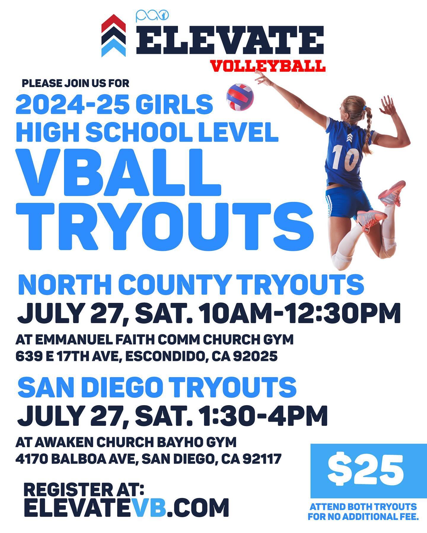 Don’t miss it!! PAO Elevate Volleyball tryouts almost here! Join us on July 27th for our first tryout of the season.