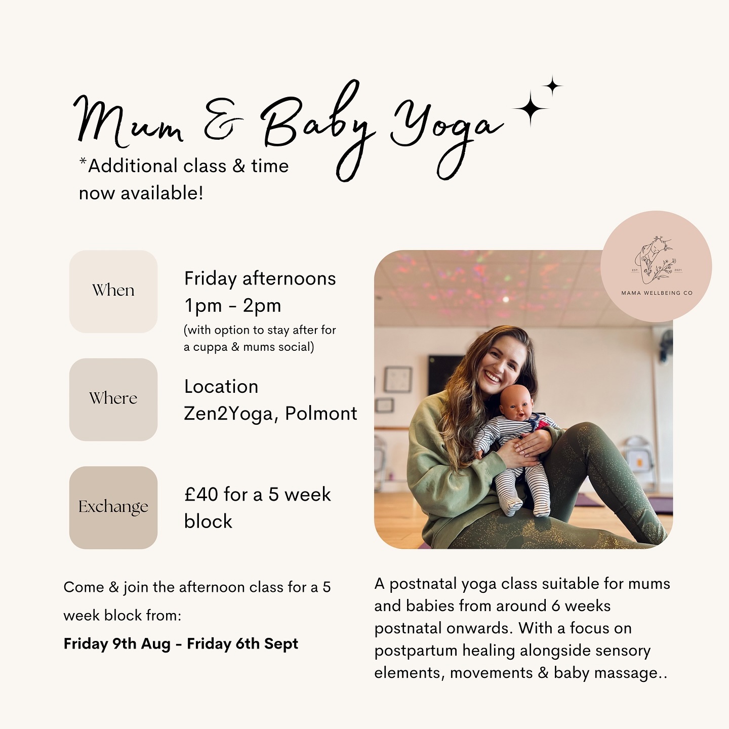 New availability to join the afternoon mum & baby yoga class from next week - Friday 9th Aug.
Classes are great for:
✨ Postnatal recovery
✨ Mums social time
✨ Gentle movements to aid healing
✨ Bonding with baby
It was important to me to create class not just beneficial for babies, but for mums too 🧘♀️
Join us for a 5 week block Friday 9th Aug - Friday 6th Sept, from 1-2pm with option to stay after for a cuppa & mums social time
Hope to welcome you there soon, send me a message to chat more,
Gilly x
(*morning classes currently fully booked)