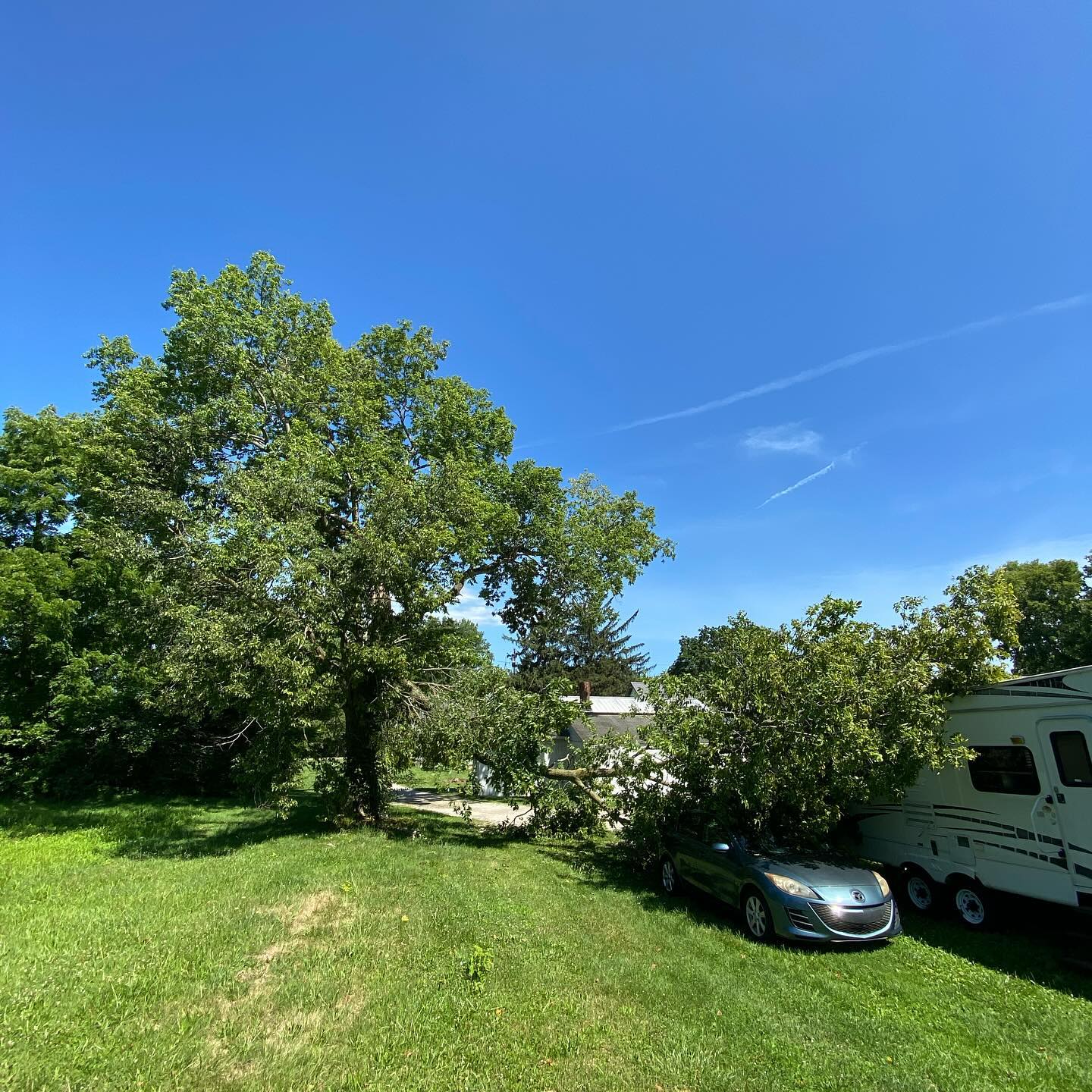 My Hobby Lobby caption: Grateful. Thankful. Blessed.
No one was hurt. Everyone who has a license still has a vehicle they can drive. It’s possible our camper isn’t totaled, and we gratefully weren’t scheduled to move it to fair tomorrow as would’ve been the case on a normal year. We have good and faithful friends who don’t hesitate to come over on a Monday to help.
My real life caption: redacted.