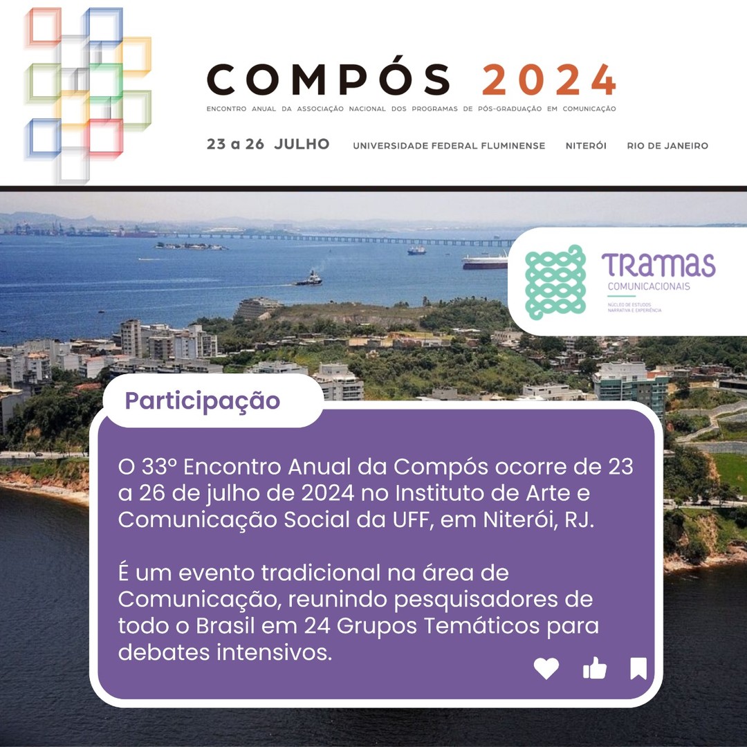 Nesta quarta, 24 de julho, Bruno Leal e Luciana Amormino do Tramas participam do 33º Encontro Anual da Compós no Instituto de Arte e Comunicação Social da UFF, em Niterói, RJ.
📆 Confira as apresentações:
1️⃣ Às 9h10 na Sala 8G (2º andar): Grupo Temático Estudos de Televisão Apresentação: "Contra os fatos, sonhos: a fabulação em 'Rainha Charlotte: uma história Bridgerton'"
Por Ana Paula Goulart Ribeiro | UFRJ e Bruno Souza Leal | UFMG (Tramas)
2️⃣ Às 14h na Sala 10C (Térreo): Grupo Temático Estudos de Memória e Comunicação Apresentação: "Turismo de memória no Brasil: a emersão do patrimônio negro em territórios outrora segregados"
Por Luciana Amormino | UFMG (Tramas) e Anna Cavalcanti | UFRGS