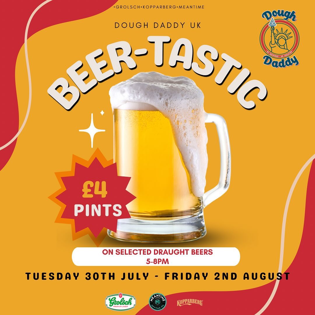 Beer-tastic offer £ 4 pints !!!
Tuesday 30th July - Friday 2nd August ! Enjoy the sun with a beautiful pint 🍻🍺🍻🍺
*on selected pints only, subject to availability